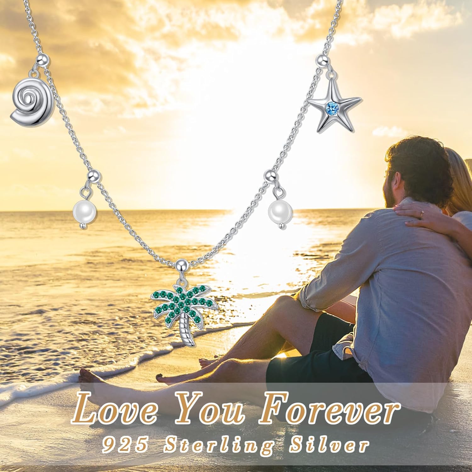 FLYOW S925 sterling Silver Summer Palm Tree Seashell conch shell Beachy Pendant Necklace Women Coastal Jewelry with Removable Charms Trendy Summer Beach Gift