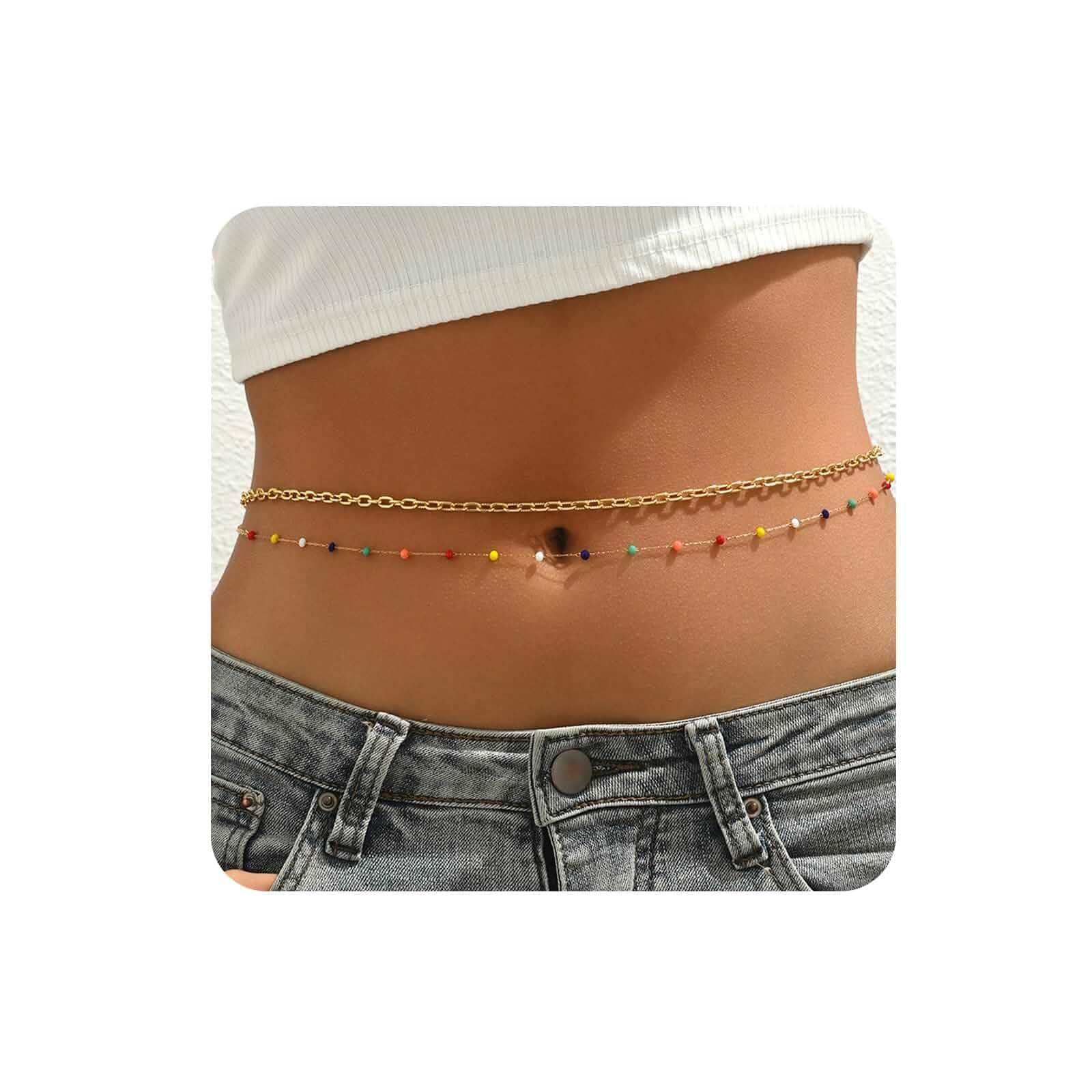 14K Gold Plated Waist Chain for Women Bikini Belly Jewelry Pearl Bead Body Chain