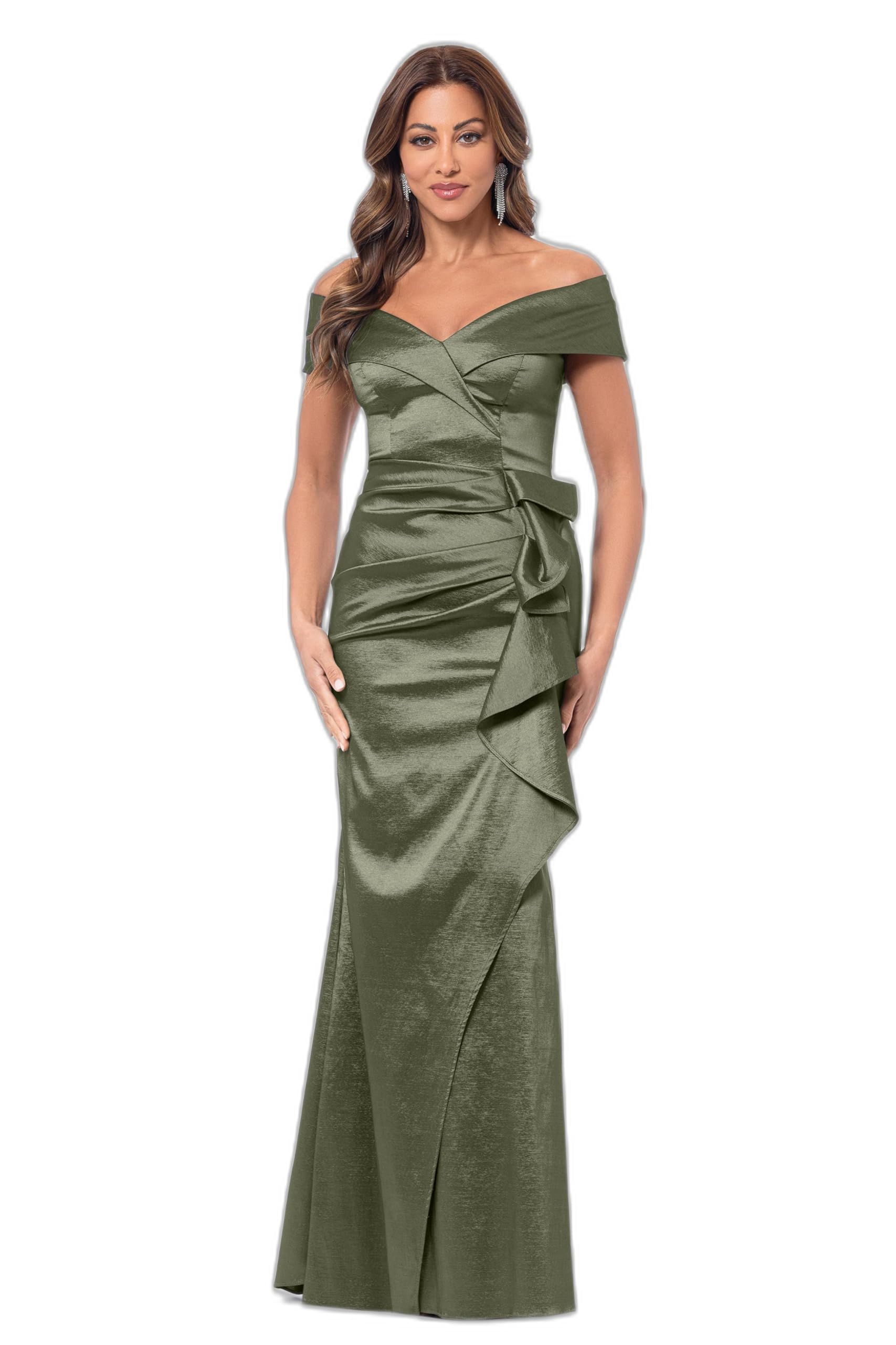 Xscape Womens Taffeta Off The Shoulder Sweetheart Neckline Ruffle Floor Length Dress (Petite)