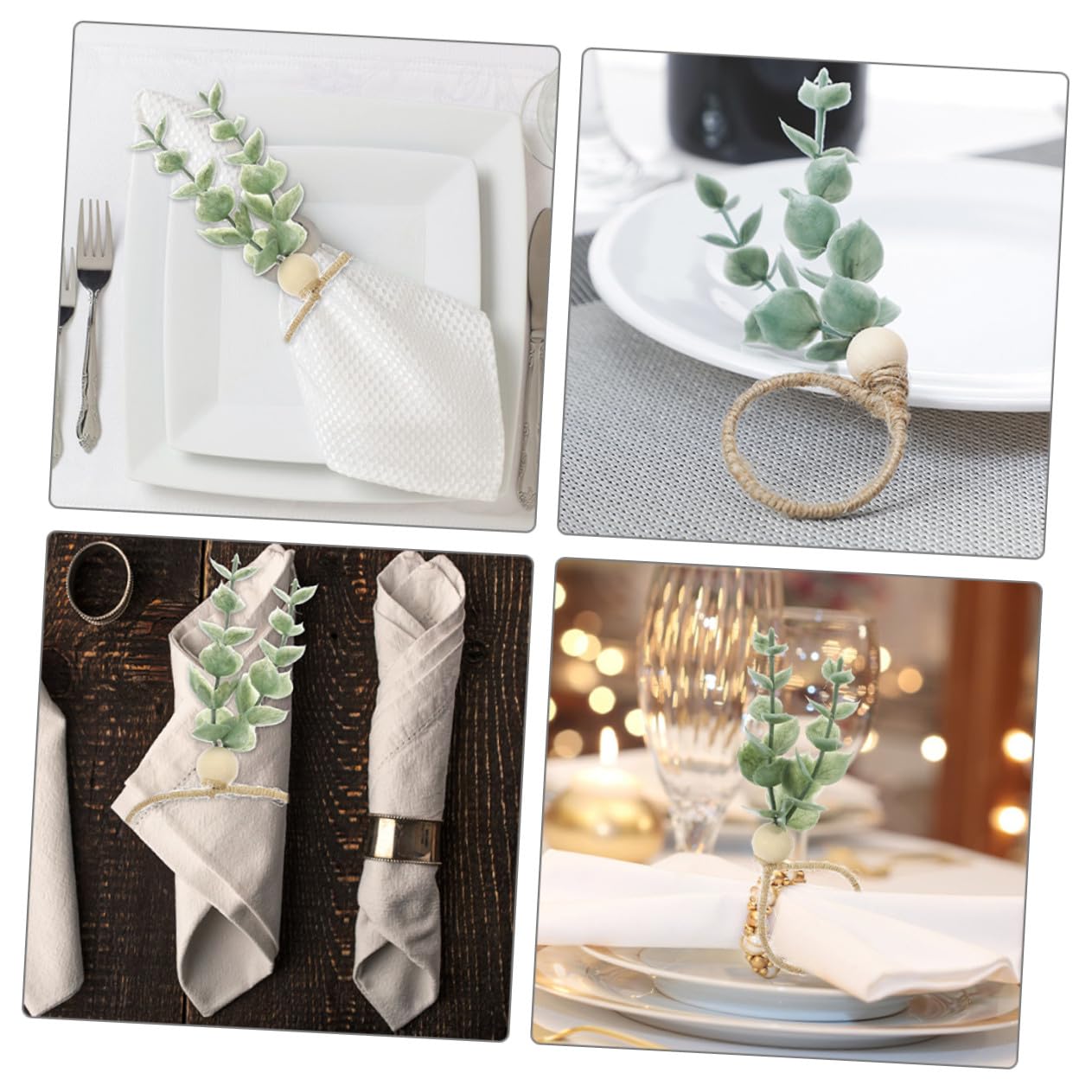 Alipis 12 Stück Teiliges Wiederverwendbare Serviettenringe mit Künstlichen Eukalyptusblättern und Holzperlen Dekorative Zarte Serviettenhalter im Boho Look für Hochzeit Party und