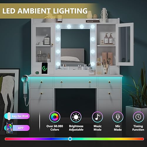 Miniatura 2 de Escritorio de tocador de maquillaje con espejo y luces, juego de mesa blanca con cajones de almacenamiento, estación de carga y gabinetes, tocador