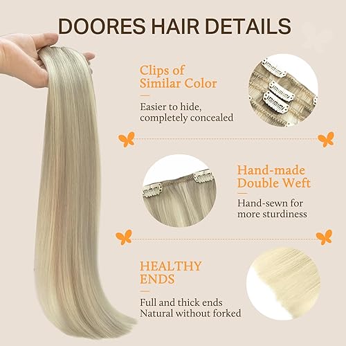 Miniatura 3 de DOORES Extensiones de cabello humano real con pinzas, balayage, rubio ceniza con reflejos rubio platino, 4.23 oz, 7 unidades, 18 pulgadas, lacio
