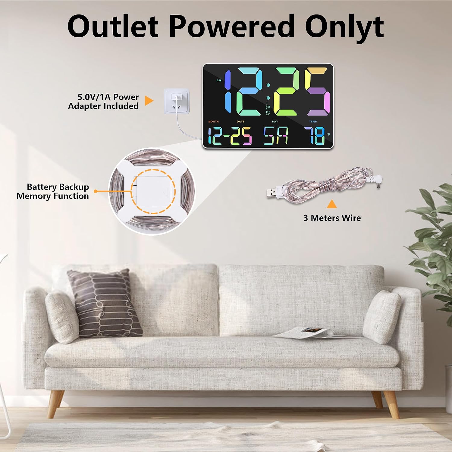 Amgico RGB Digital Alarm Clock with Snooze,Temperature,Auto Dimming,11.5" Large Display Calendar,Desk/Wall Clock for Bedroom,Living Room,Office,Home,Classroom,Kids,Elderly image 3
