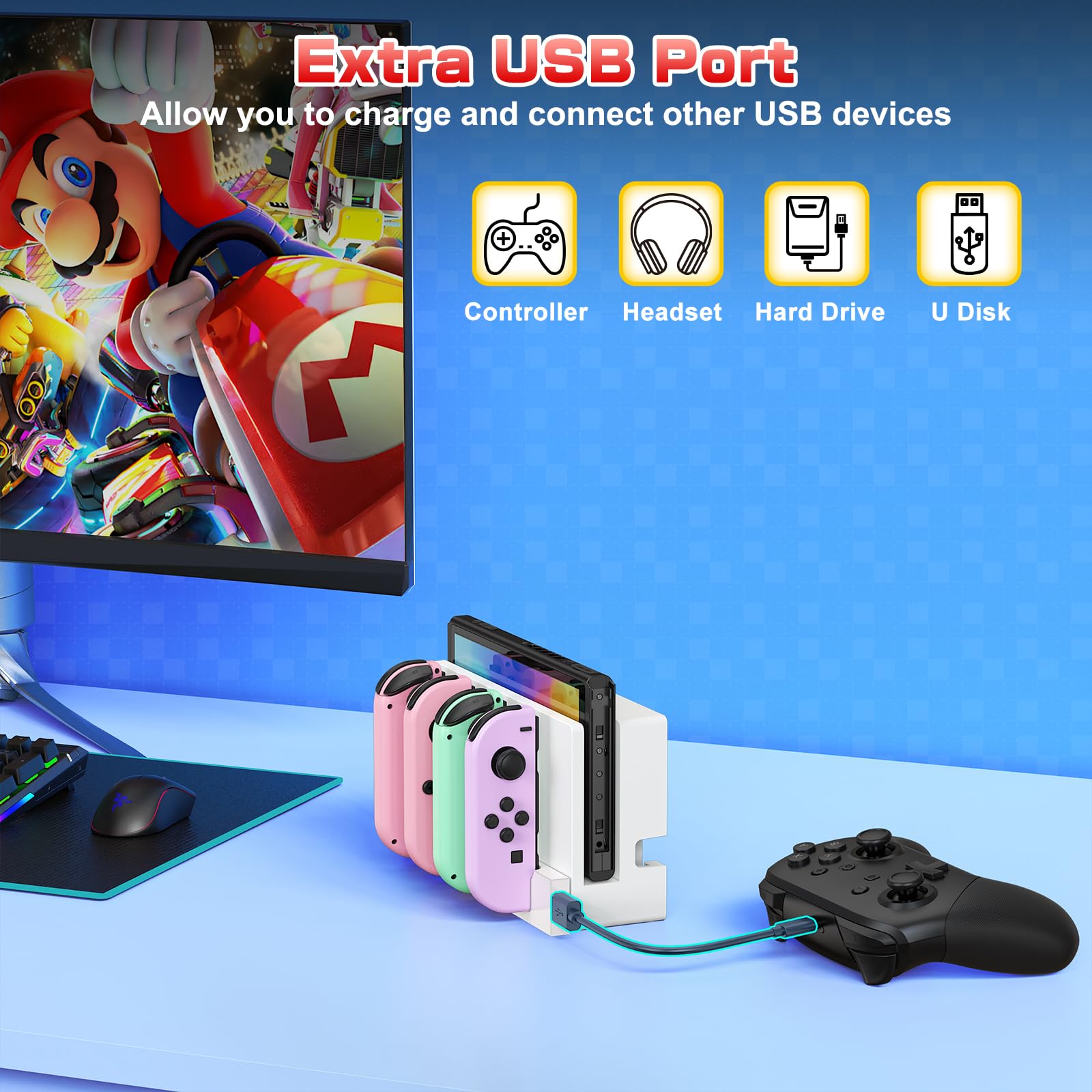 Base di ricarica per Joy-con compatibile con Nintendo Switch e OLED, stazione base di ricarica per Nintendo Switch con indicatore, supporto di ricarica per 4 maniglie Joycon
