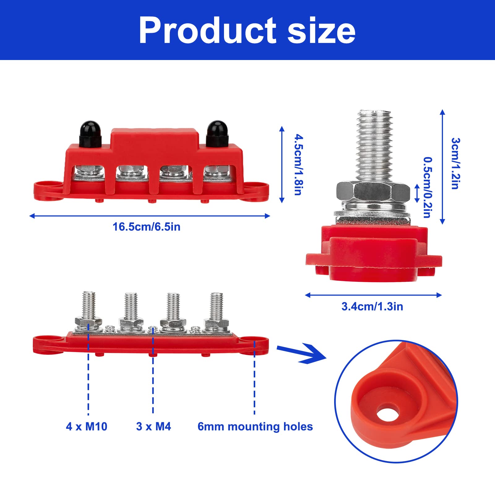 QIMEI-SHOP Szyna zbiorcza 12 V-48 V DC, blok rozdzielczy, blok rozdzielaczy 250 A, blok rozdzielaczy zasilania z 4 x bolcami przyłączeniowymi M10, do samochodu, kampera, łodzi, czerwonej, czarnej, 2
