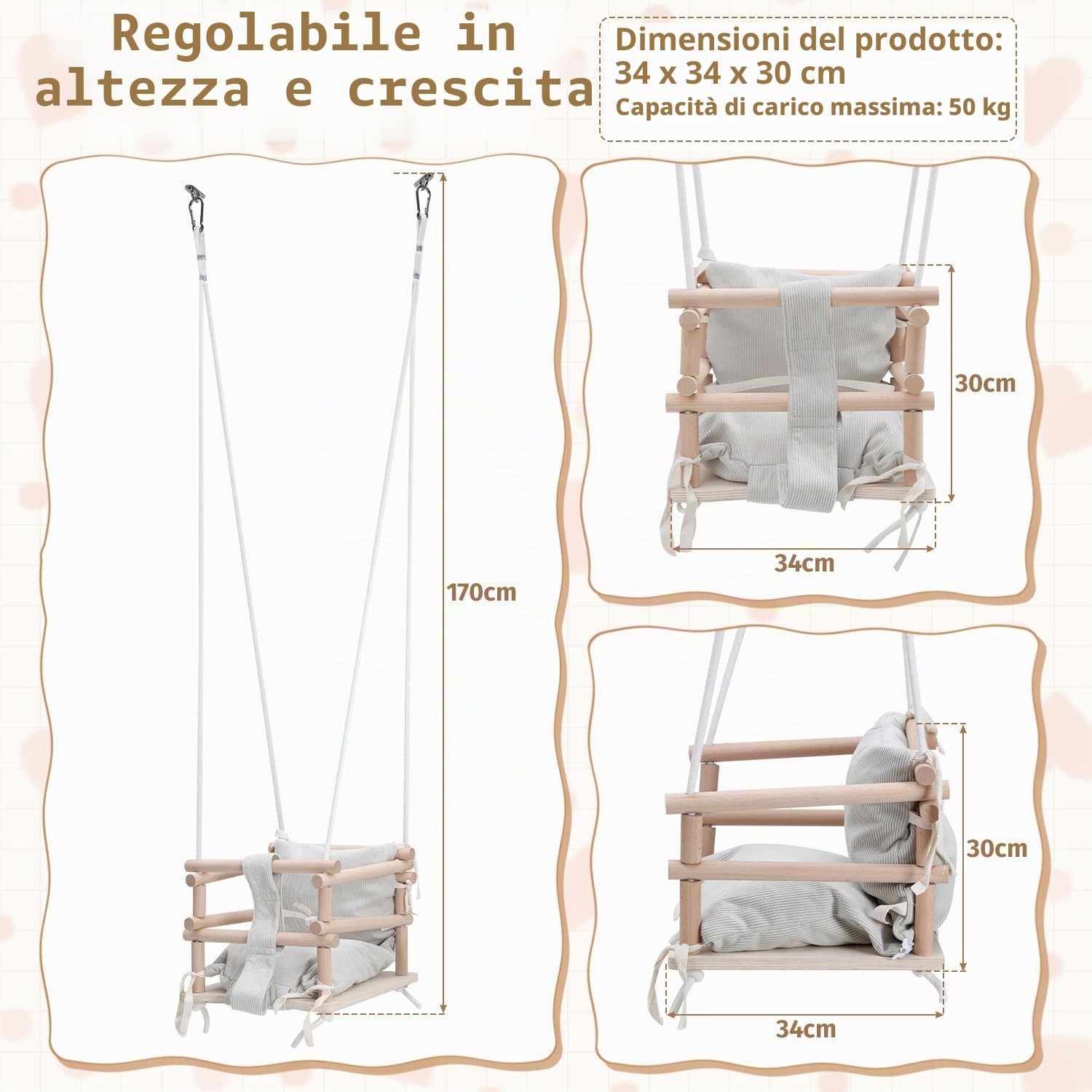 Altalena per Bambini Indoor & Altalena per Bambini Outdoor 3-in-1 in Legno, Regolabile in Altezza (160-260cm) con Cuscino Rimovibile, Per Giardino, Portata 50kg, Da 12 Mesi (Beige Chiaro)