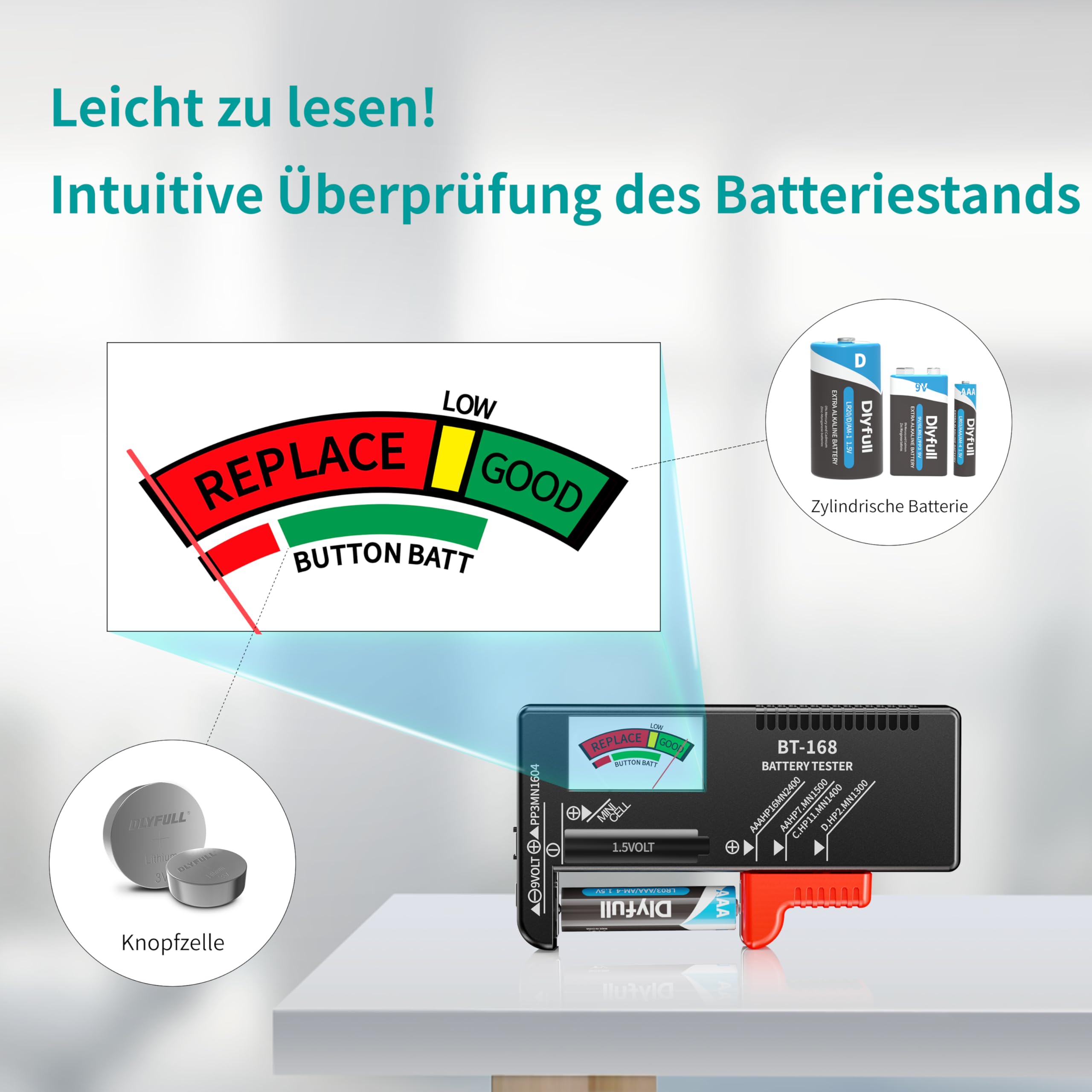 Dlyfull Tester per batteria universale AA AAA C D 9V, misuratore veloce per batterie 1,5V e a bottone