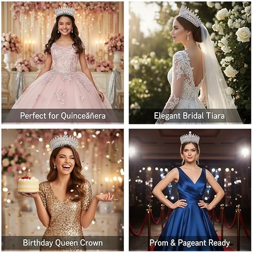 Miniatura 6 de Tiara de boda grande de circonita cúbica, corona de concurso de princesa real para novia, quinceañera, fiesta de graduación, circonita cúbica