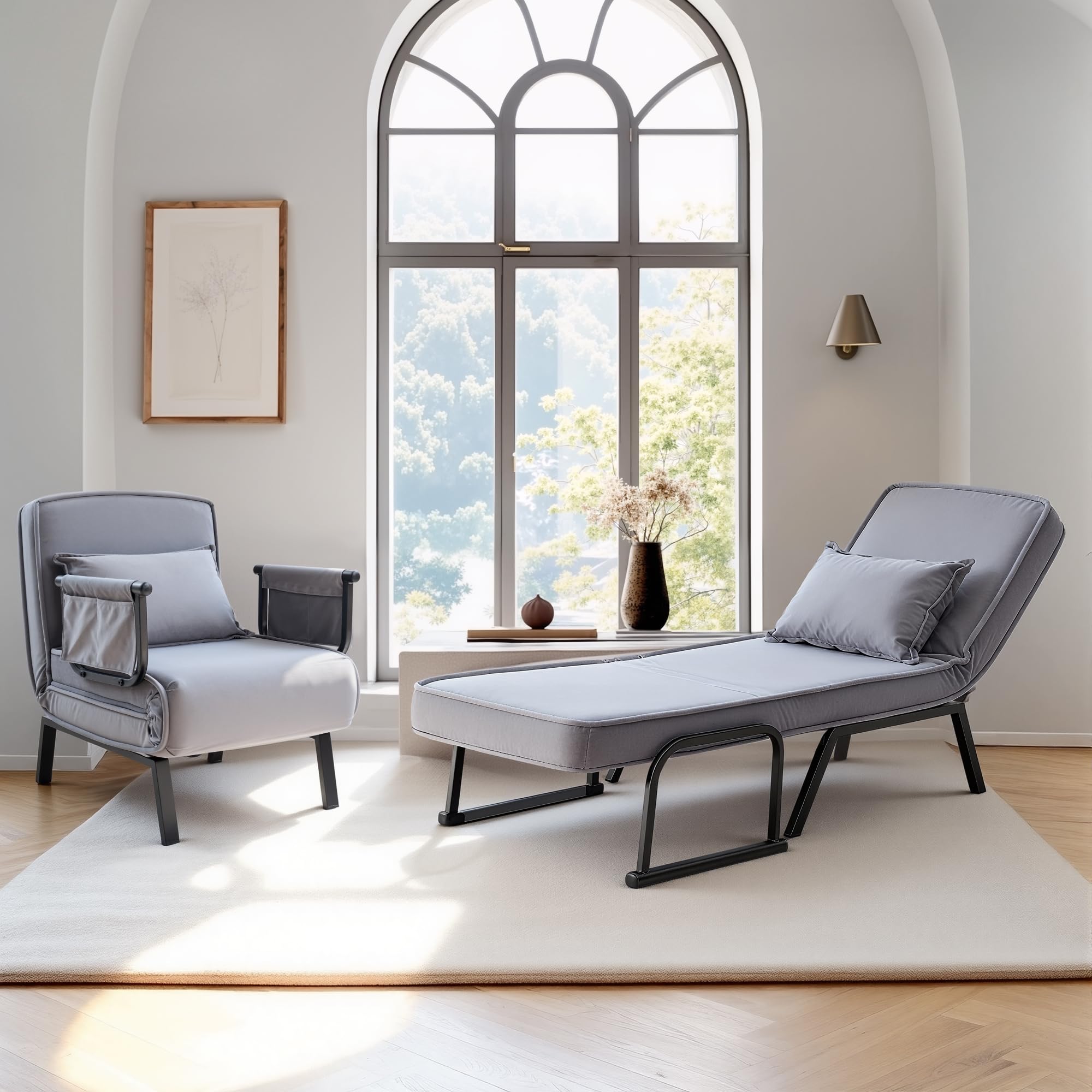 FLEXISPOT Sillón Cama 3 en 1 con función de Cama, Respaldo Ajustable, sofá Cama de Lino con Bolsillo Lateral, Patas Plegables, Ahorra Espacio para salón, Dormitorio u Oficina (Gris)