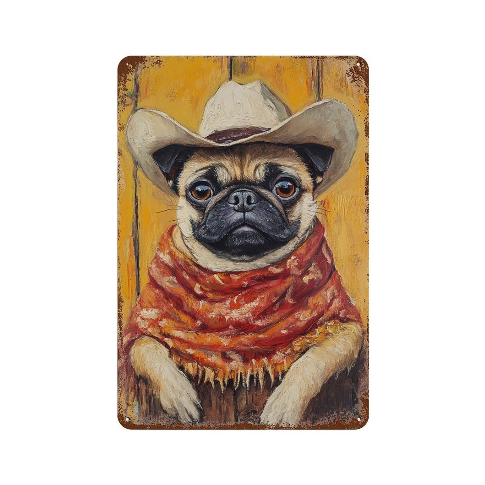 Rust Effect Western Pug Art Print Distressed Metal Wall Sign 11.8"x7.9", Decorative Metal Wall Art for Living Room, Hallway And Home Decor