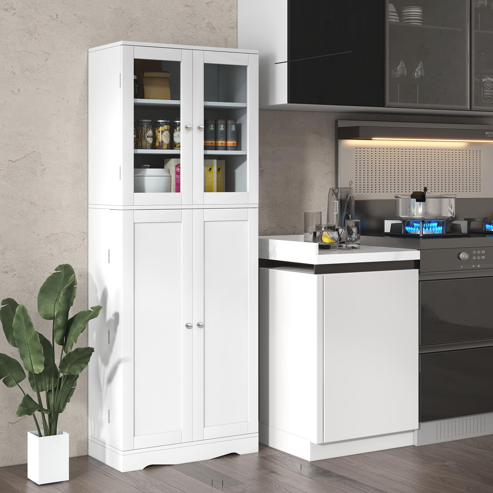 KOMFOTTEU Credenza da Cucina con Anta Multi-Stoccaggio, Mobile Cucina Dispensa con Dispositivo Antiribaltamento, Armadio di Stoccaggio, 60 x 31,5 x 161,5 cm, per Soggiorno, Sala da Pranzo (Bianco)