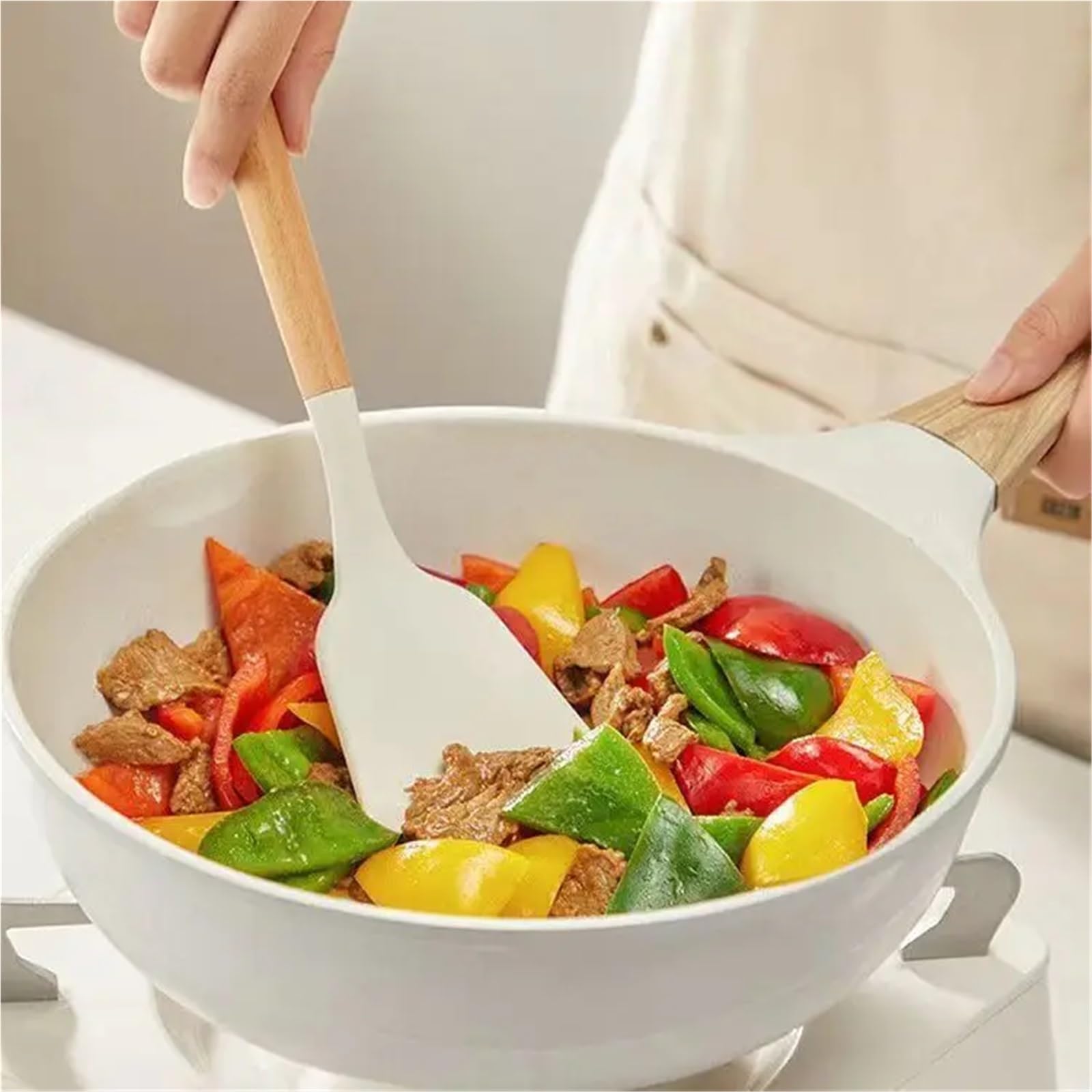 Manico in legno da 8 pezzi, padella antiaderente bianca, spatola in silicone, resistente alle alte temperature, cucchiaio zuppa, set di utensili cucina Per Cucinare