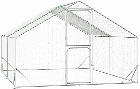 Large Metal Chicken Coop, Walk-in Poultry Cage, Spire-Shaped Chicken Run Pen Dog Kennel Duck House with Waterproof and Anti-Uv Cover for Outdoor Farm Use, 9.8 W x 13.1 L x 6.6 H