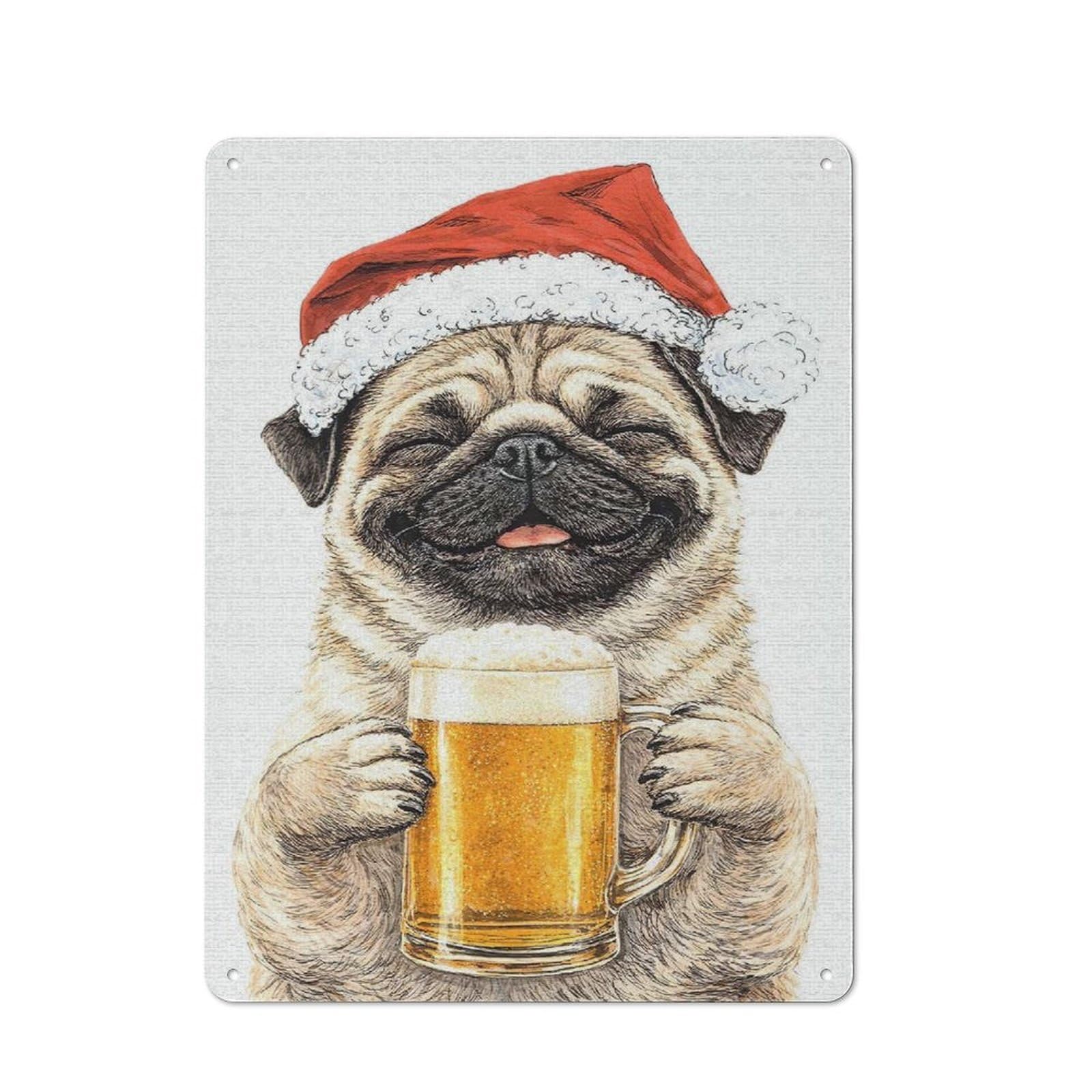 Junmoney Style Happy Pug In Santa Hat With Beer Vintage Metal Sign 40X30cm For Lounge Or Reading Corner, For A Room Refresh Centred On Metal Wall Decor