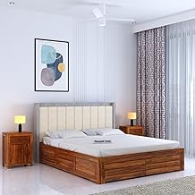 Ganpati Arts Solid Sheesham Wood Hynes King Size Bed with Box Storage and Upholstered Headboard Wooden Double Bed Cot Palang Furniture for Bedroom Living Room Home (Natural Finish)