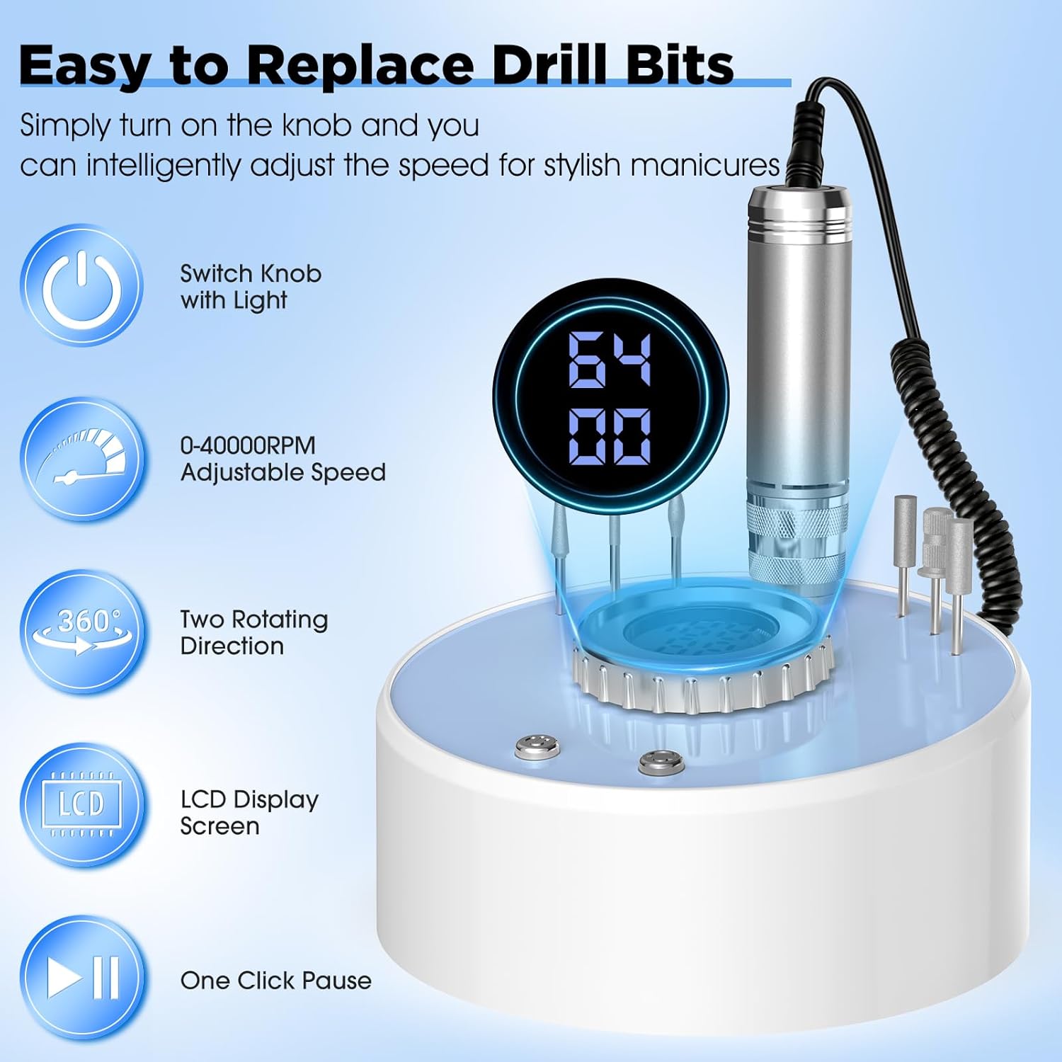 Professional Nail Drill Electric 40000RPM Portable & Rechargeable with 12 Drill Bits & 66 Sanding Bands Cordless Nail File Machine for Shaping Polishing Removing Gel Nails Salon Home (Blue)