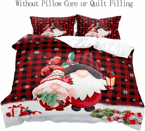 Miniatura 2 de LUVIVIHOME Juego de funda de edredón de Navidad de 3 piezas, tamaño Queen, funda de edredón de búfalo negro y rojo, gnomo navideño, Papá Noel,