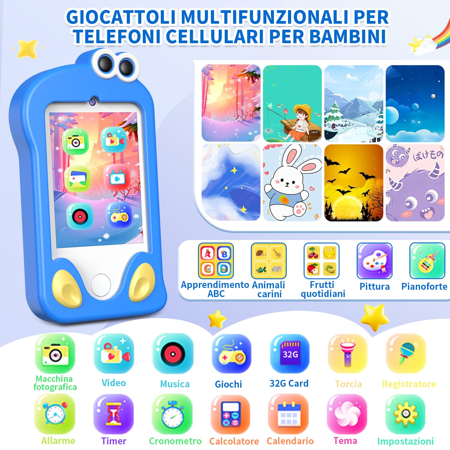 CHAKEYAKE Telefono per Bambini, Macchina Fotografica Bambini con 2,4" Schermo Tattile, Doppio Kamera, Lettore MP3, Scheda SD 32 GB, Regali di Natale e Compleanno per 3 4 5 6 7 8 Anni (Blu)