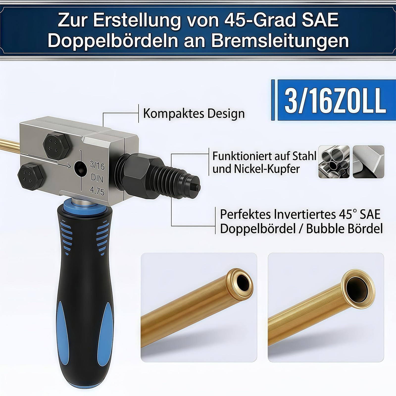 Bremsleitung Bördelgerät für DIN Bördelungen 4,75 mm 3/16 Zoll Doppel Bördelgerät Bremsleitung Kfz Set Universal, Kfz Bremsleitungen für Kupfer Nickel Stahlrohre für Kfz-Bremssysteme