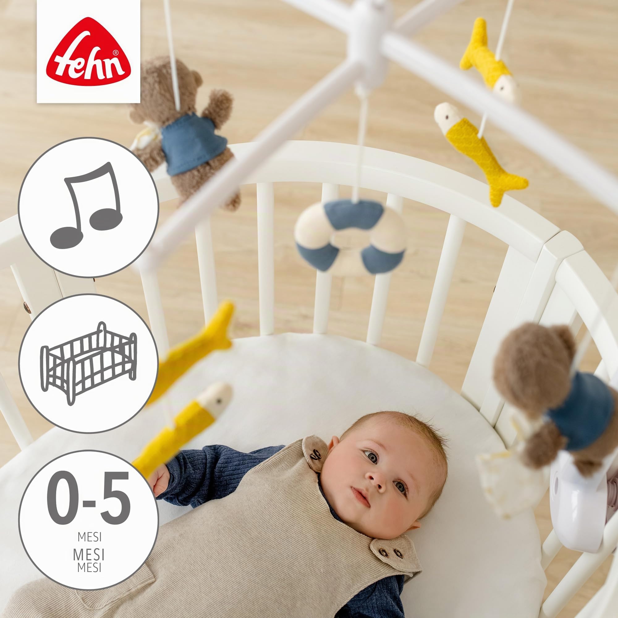 Fehn Musik-Mobile Otter – Aufzieh-Mobile mit Spieluhr-Melodie „Mozarts Wiegenlied“ und Figuren zur Beruhigung & Beschäftigung – Mit Bett-Befestigung für Babys von 0-5 Monaten