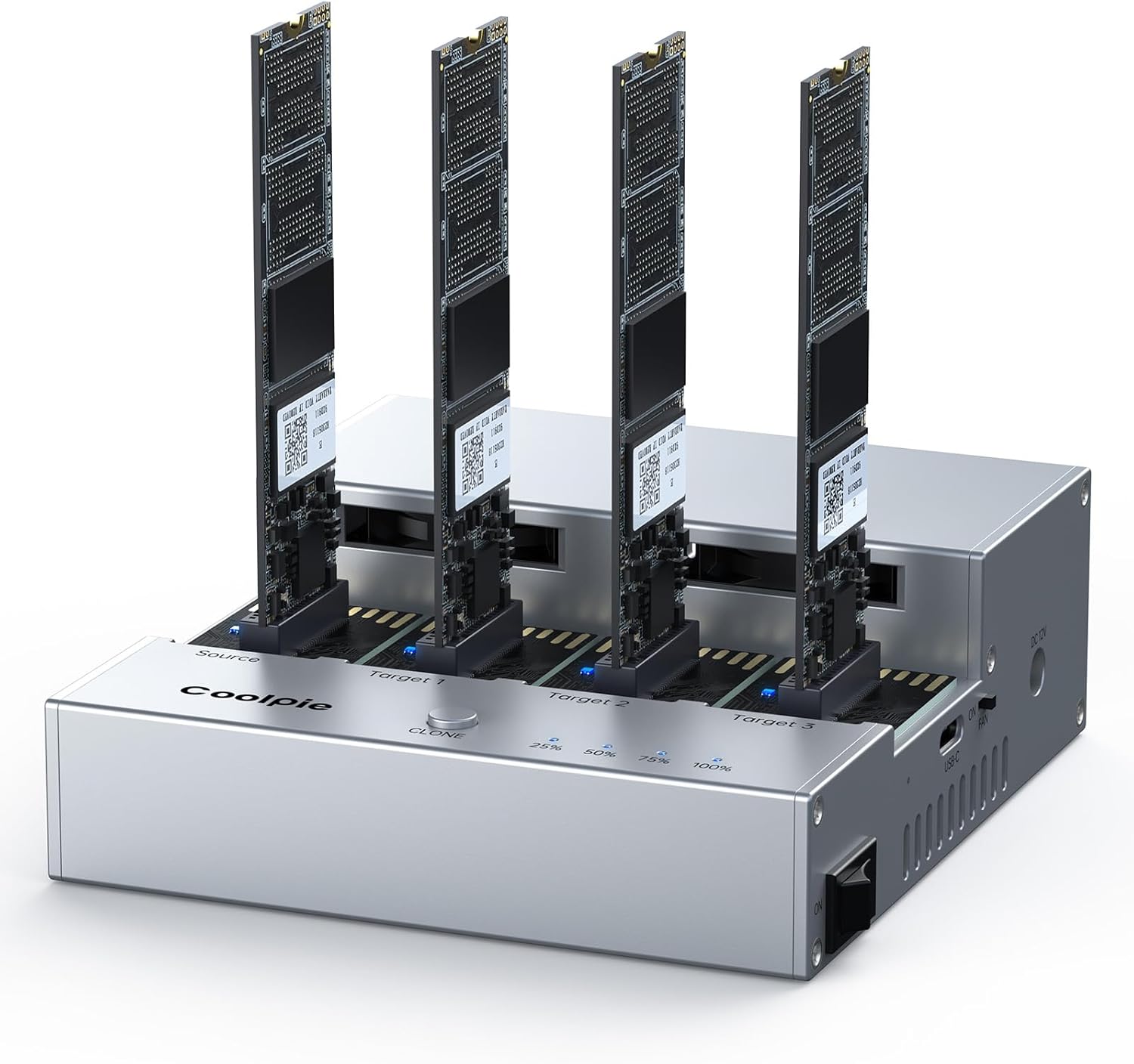 4-Bay M.2 NVME Cloner, Coolpie CR510 20Gbps NVMe Enclosure for SSD Offline Clone& Read Write, Tool Free M.2 Cloner with Cooling Fans, Supports Size for SSD Size 2230/2242/2260/2280/22110