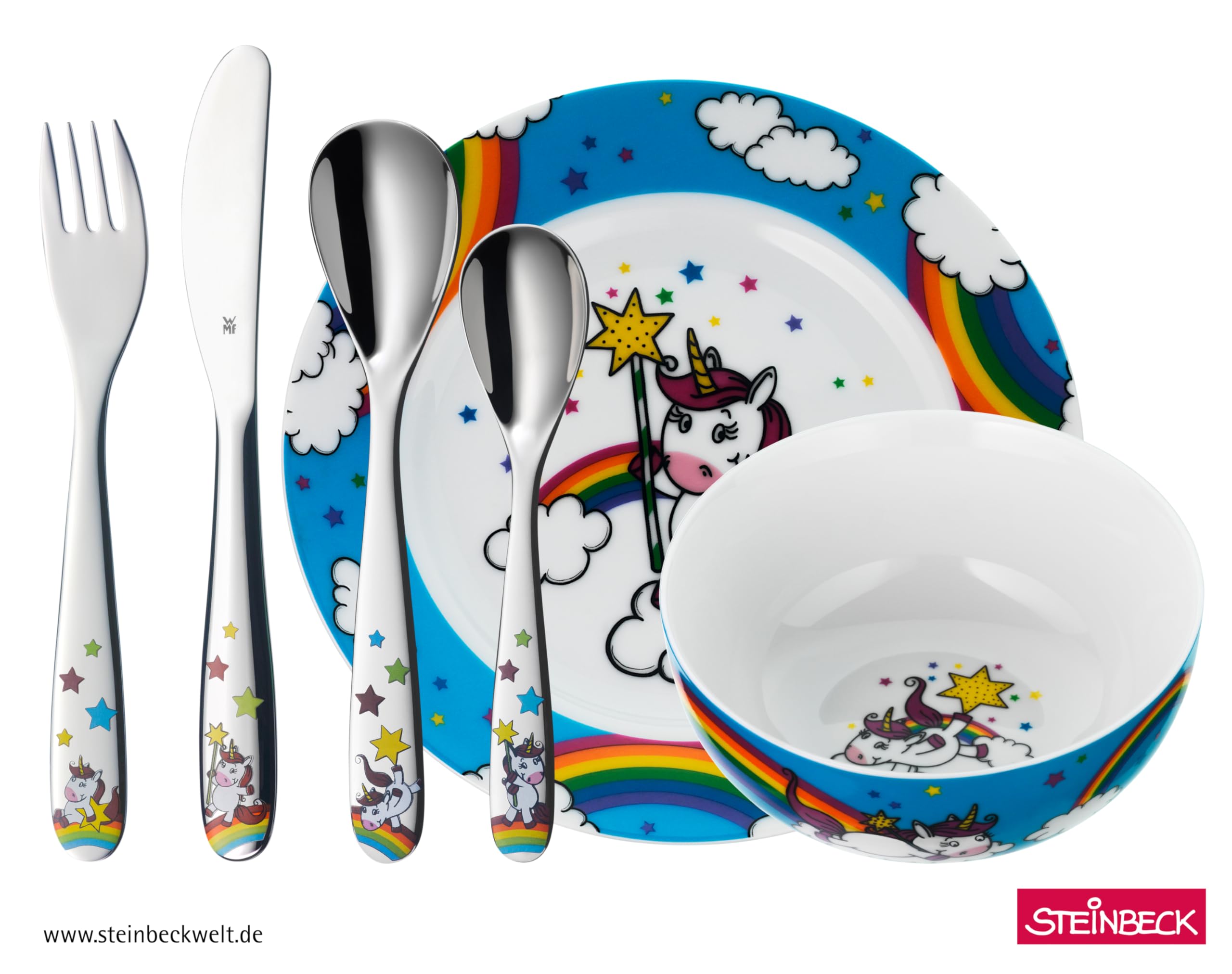 WMF Einhorn Kindergeschirr Set 6-teilig mit Gravur – personalisiertes Kinder Geschirr mit Namen – Geschenk zur Taufe, Geburt oder Geburtstag