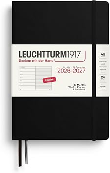 LEUCHTTURM1917 - Weekly Planner and Notebook Hardcover Medium A5, 18-month, July 2026 - December 2027, English, Black