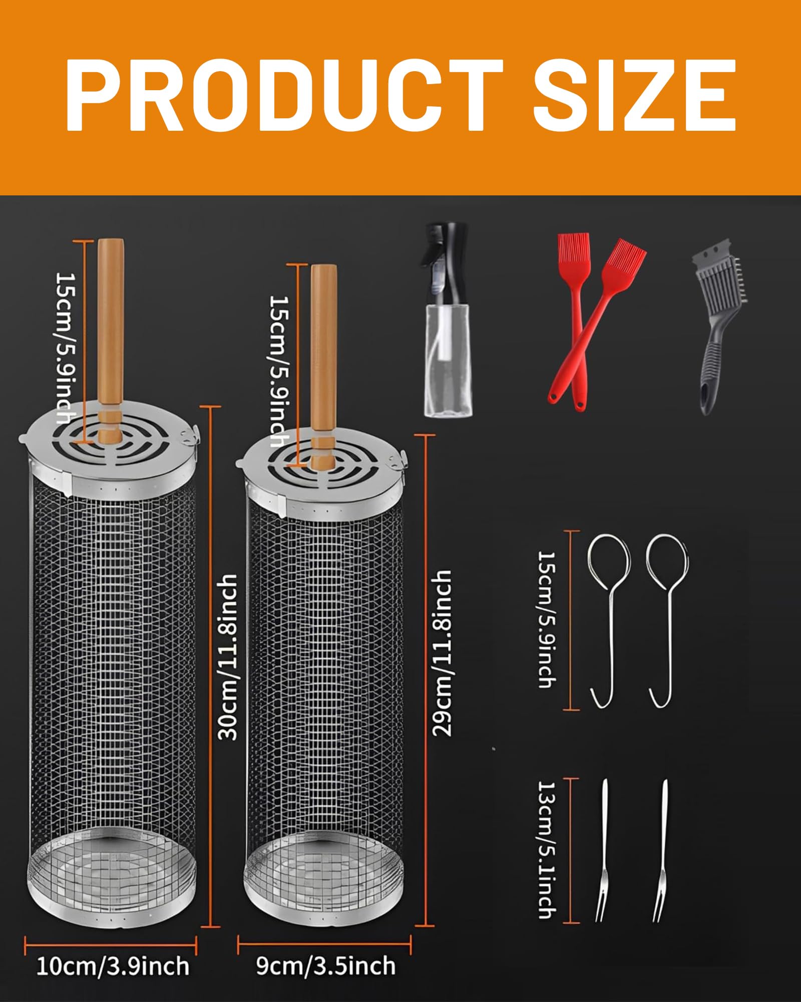 Ensemble de paniers de grillage enroulable emboîtables 2 Paniers de barbecue cylindriques en acier inoxydable avec poignée en bois (30×10cm + 29×9cm) accessoires de barbecue pour légumes en extérieur