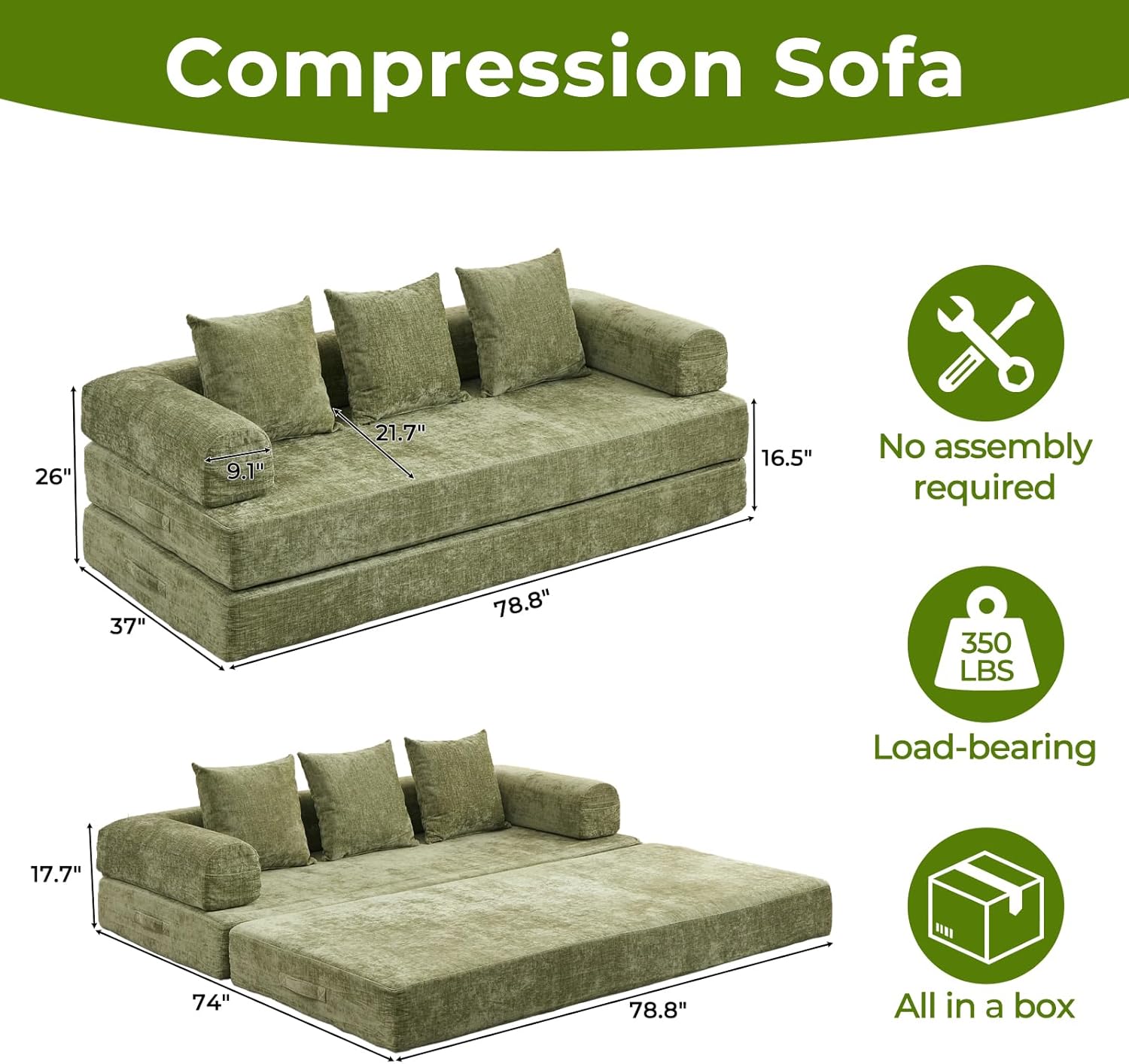 Saiveina Convertible Floor Sofa Bed, Chenille Fabric Folding Mattress Couch with Armrest and Pillows, No Assembly Space-Saving Floor Lounge Couch for Living Room, Bedroom, Studio(Green)