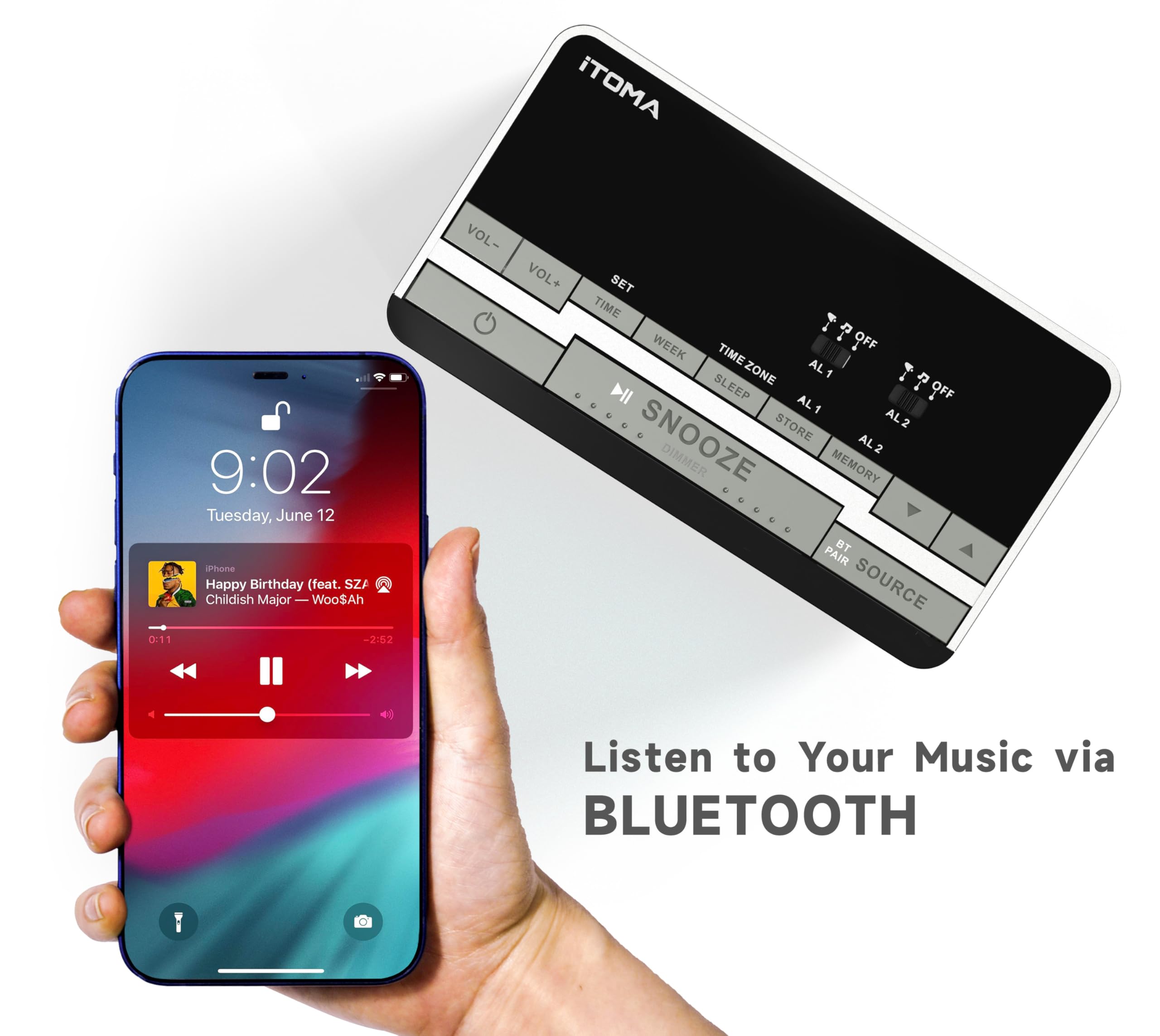 iTOMA Sveglia radio-altoparlanti stereo Bluetooth, radio FM, doppia sveglia, snooze, dimmer di luminosità, ricarica USB, sveglia per camera da letto ufficio 3501