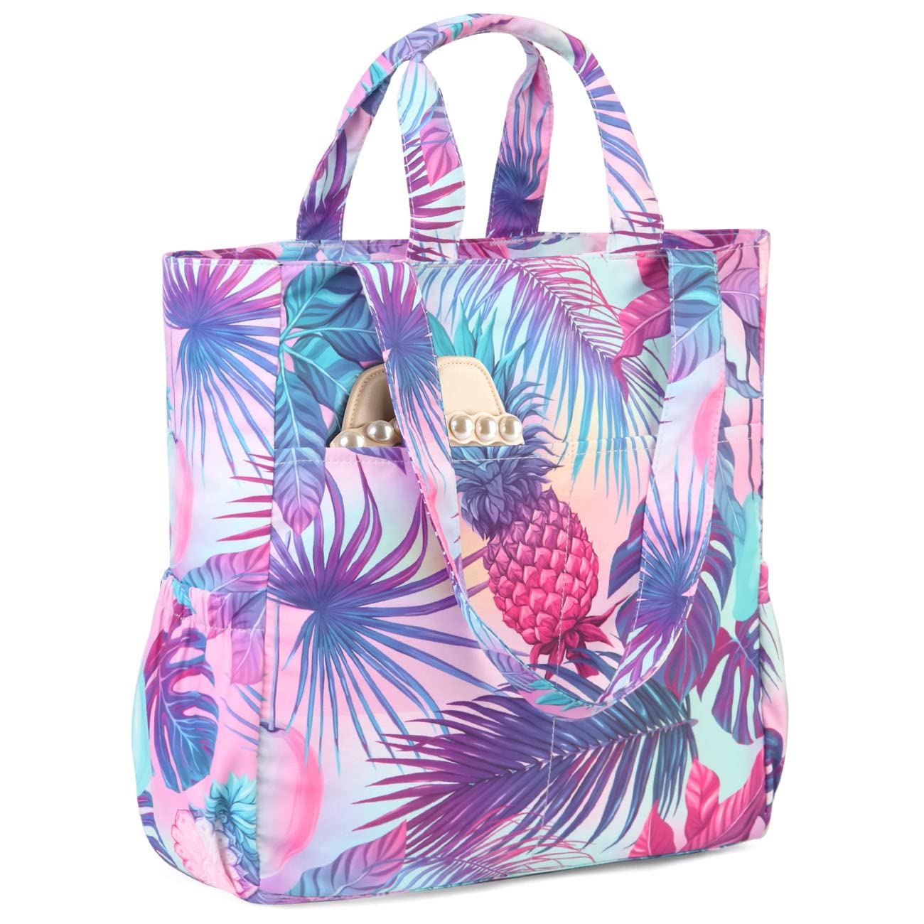 VASCHY Bolsa de playa para mujer, diseño floral, ligera, plegable, resistente al agua, para piscina, gimnasio, con múltiples bolsillos para vacaciones, viajes