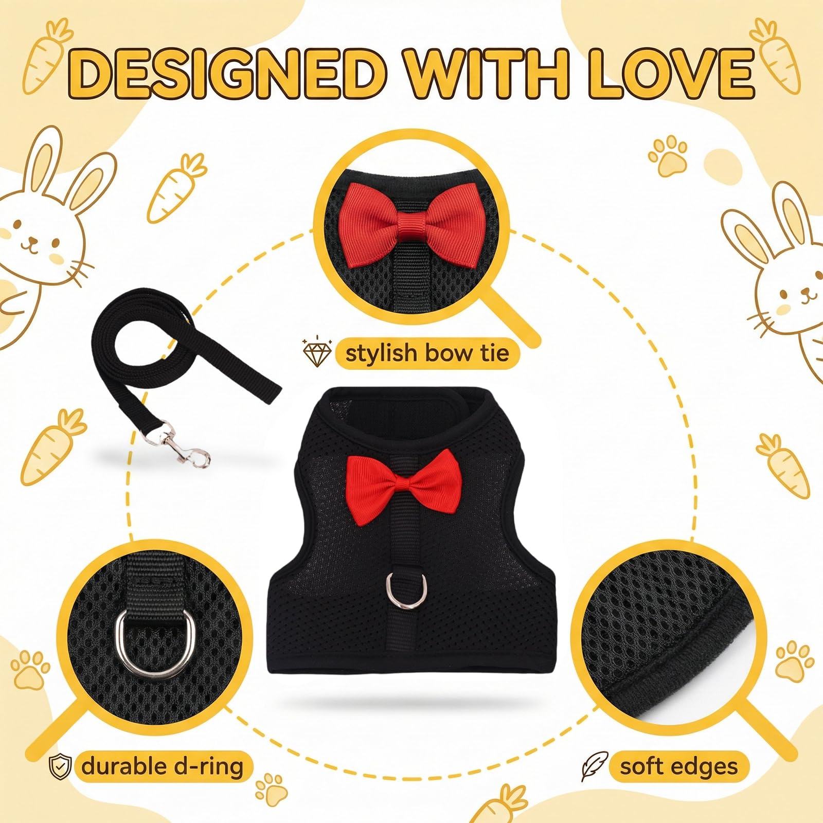 LOMSUXA Guinzaglio Per Coniglio Nano, imbracatura con guinzaglio, Accessori Conigli, Stoviglie Con Guinzaglio, Pettorina Regolabile, pettorina coniglio nano(Nero, M) - 4