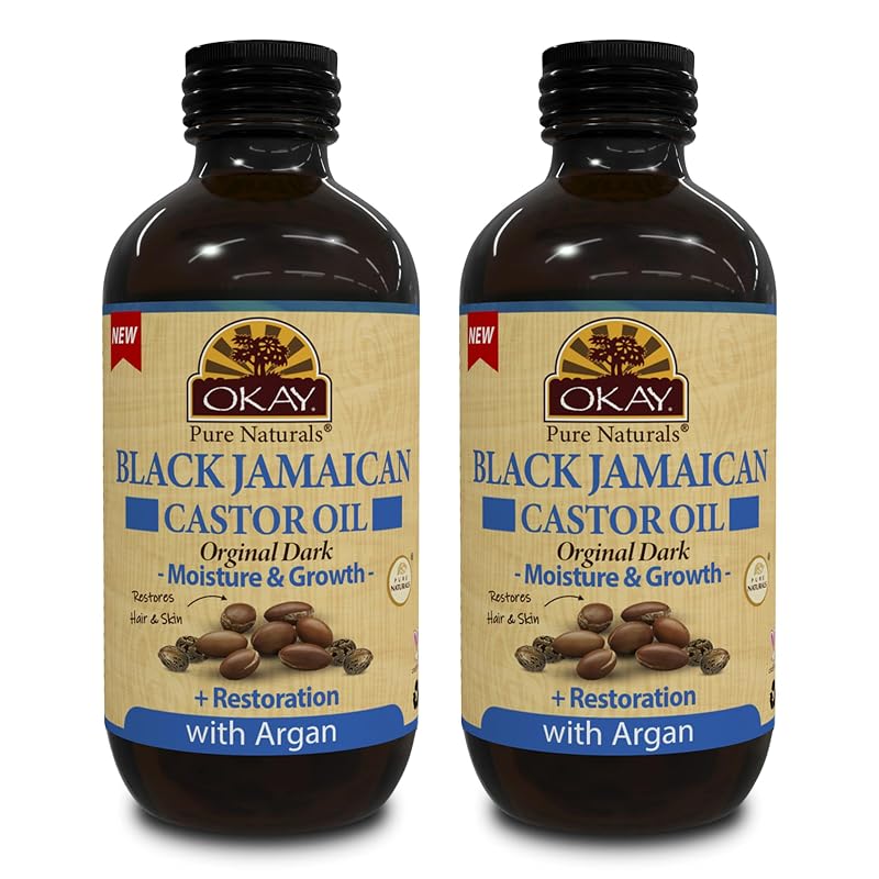OKAY Óleo de Rícino Jamaicano Preto com Óleo de Argan em Frasco de Vidro, 118 mL, Pacote com 2