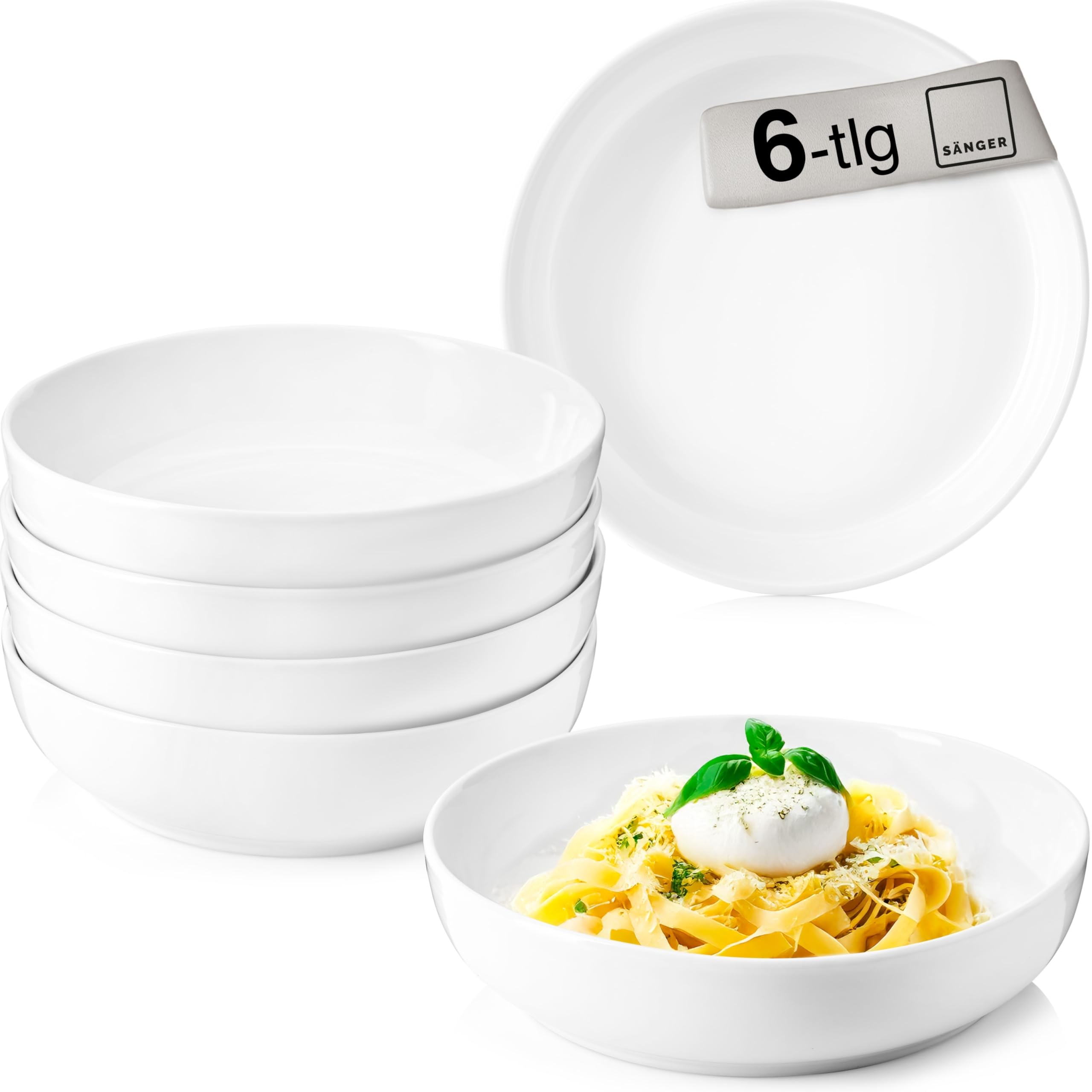 SÄNGER | Pastaschalen Marlo 6 tlg, Schüssel Set 6 Personen, Porzellan Bowl Schüssel, Schale, Spülmaschinenfest, Pastaschale Weiß mit moderner Form 850 ml | PREMIUM COLLECTION