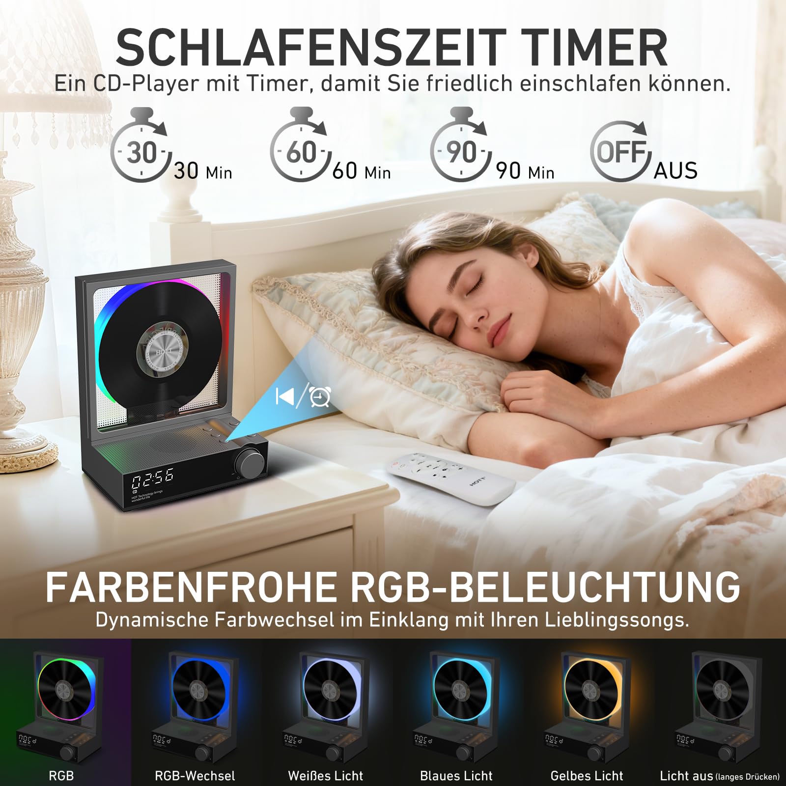 HOTT - Lettore CD portatile con telecomando, Bluetooth 5.3 Desktop CD con luci RGB, lettore CD con altoparlanti HiFi, supporta scheda TF, trascrizione, schermo LED, timer (grigio)