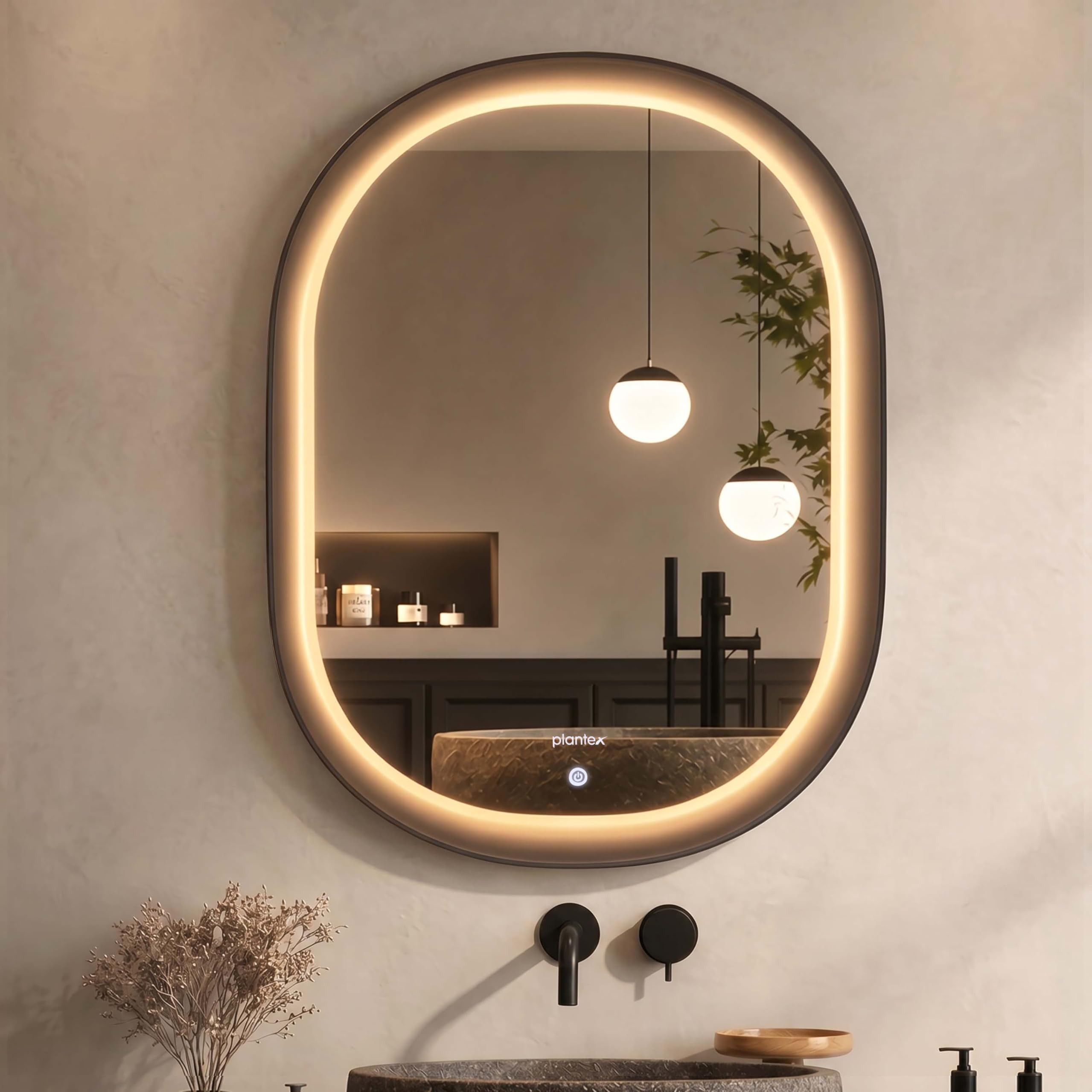 Plantex Designer Mirror for Living Room/Bathroom Mirror with LED Light/Resin Frame LED Bathroom Mirror/Dressing Room - Capsule Shape (Black, 32 x 24 Inch)-picture-14