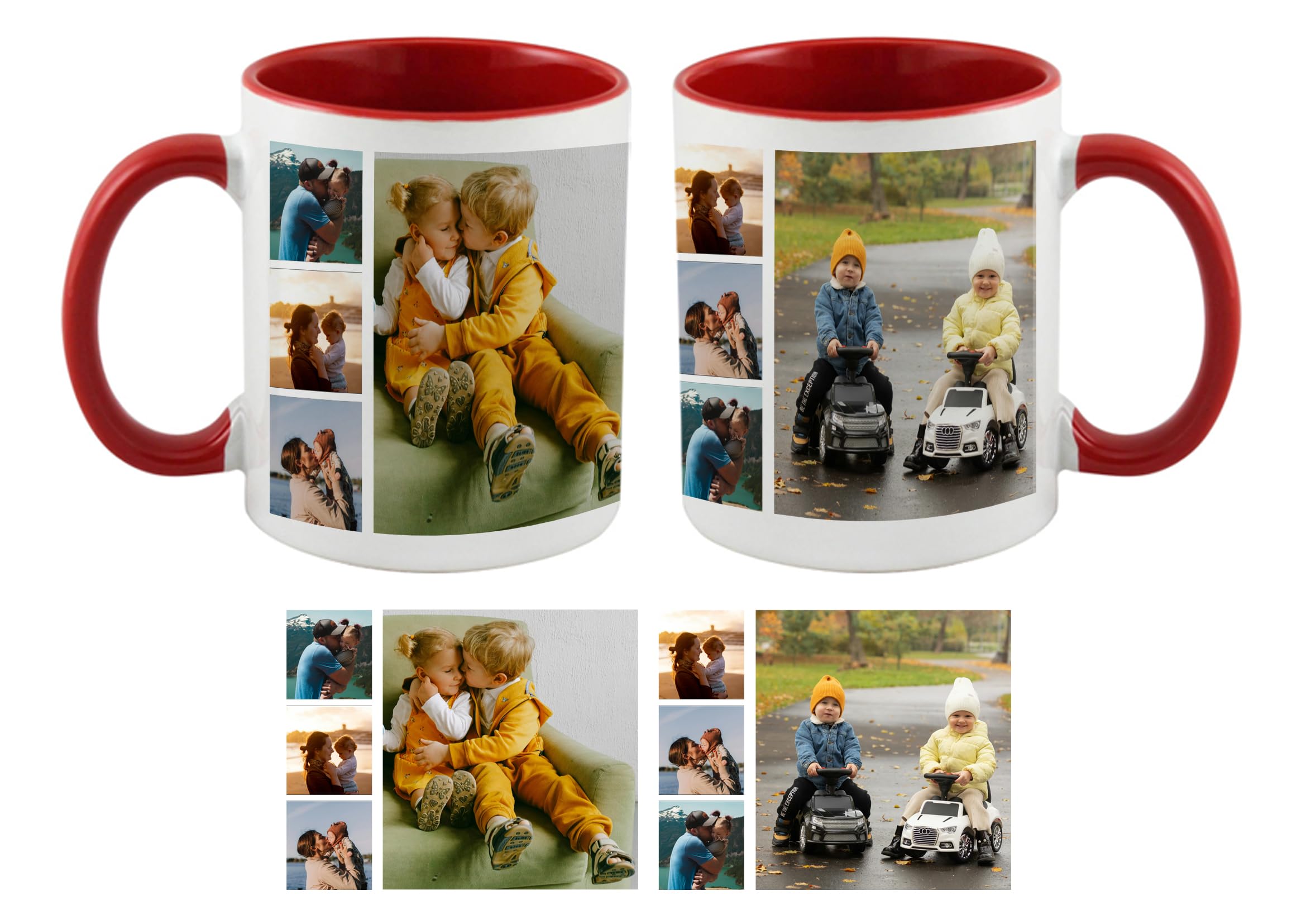 Personalised with Two Photos/Multi Photo Printed Collage Mug Memorable Gift Ideas for Family,Friends,Birthday,Any Occasion Novelty Gift Coffee Tea 11oz Inside Coloured Ceramic Mug. (8 Photo, Red)