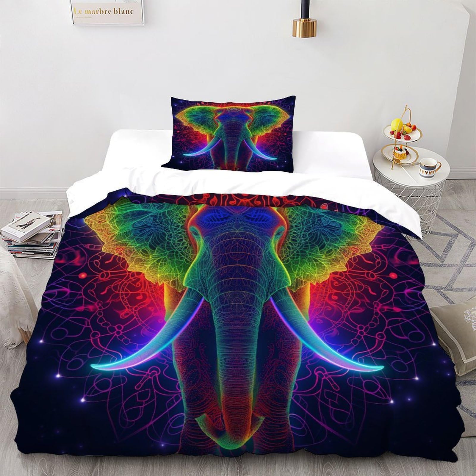 Housse de couette éléphant 135x200cm parure de lit 2 pièces animal sauvage couvre-lit microfibre