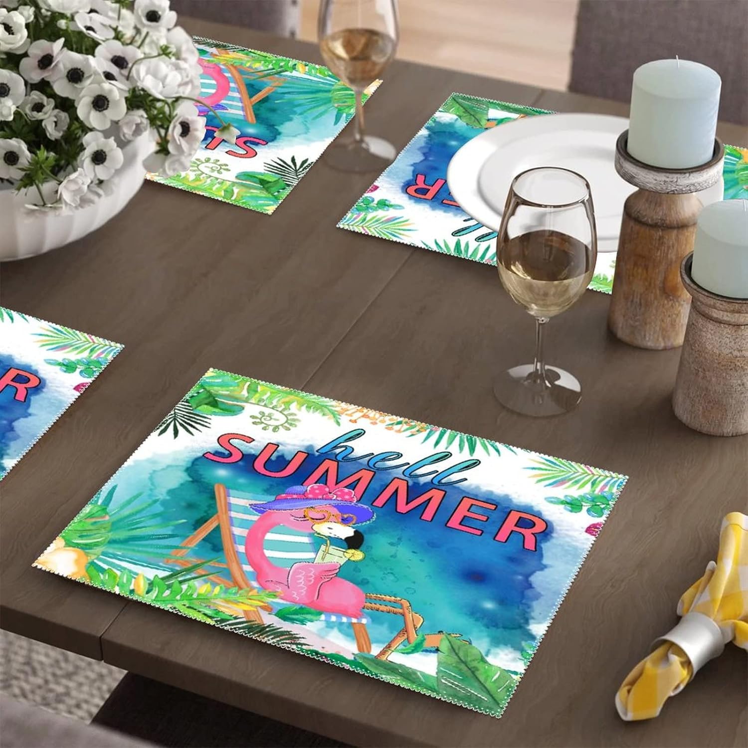 Place Mats 6 PCS Hello Summer Flamingo Kitchen Table Mats Non-Slip Stain Resistant Pad Placemat Tropical Leaves Flowers Bird Table Mat Kitchen Table Mats Easy to Clean