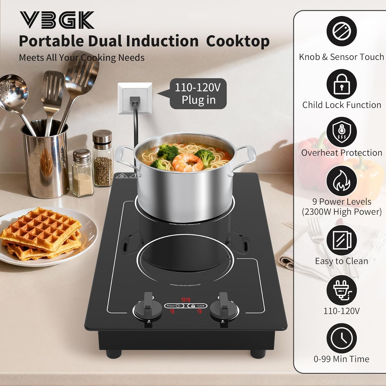 VBGK - 2 Brenner Induktionskochfeld, 110V 2300W Doppelbrenner-Heizplatte mit LED-Touch-Display, 9 Leistungsstufen, Kindersicherung und Timer, Schutz vor