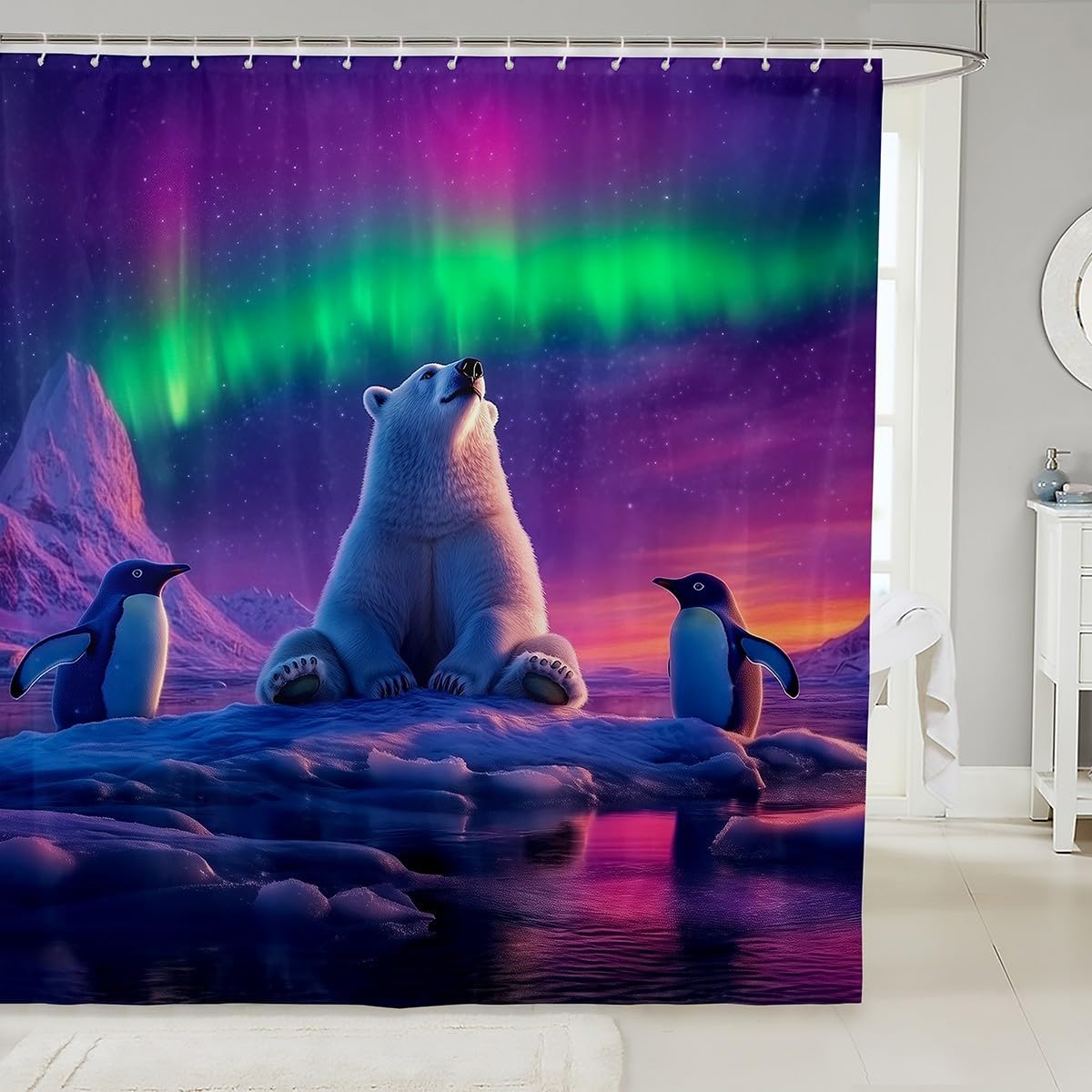 Erosebridal Aurora Shower Curtain Set,Polar Bear Penguin Bathroom Decor for Kids Boys Girls,Northern Lights Bathroom Set Starry Night Nature Themed Fabric Shower Curtain 72" Wx84 L
