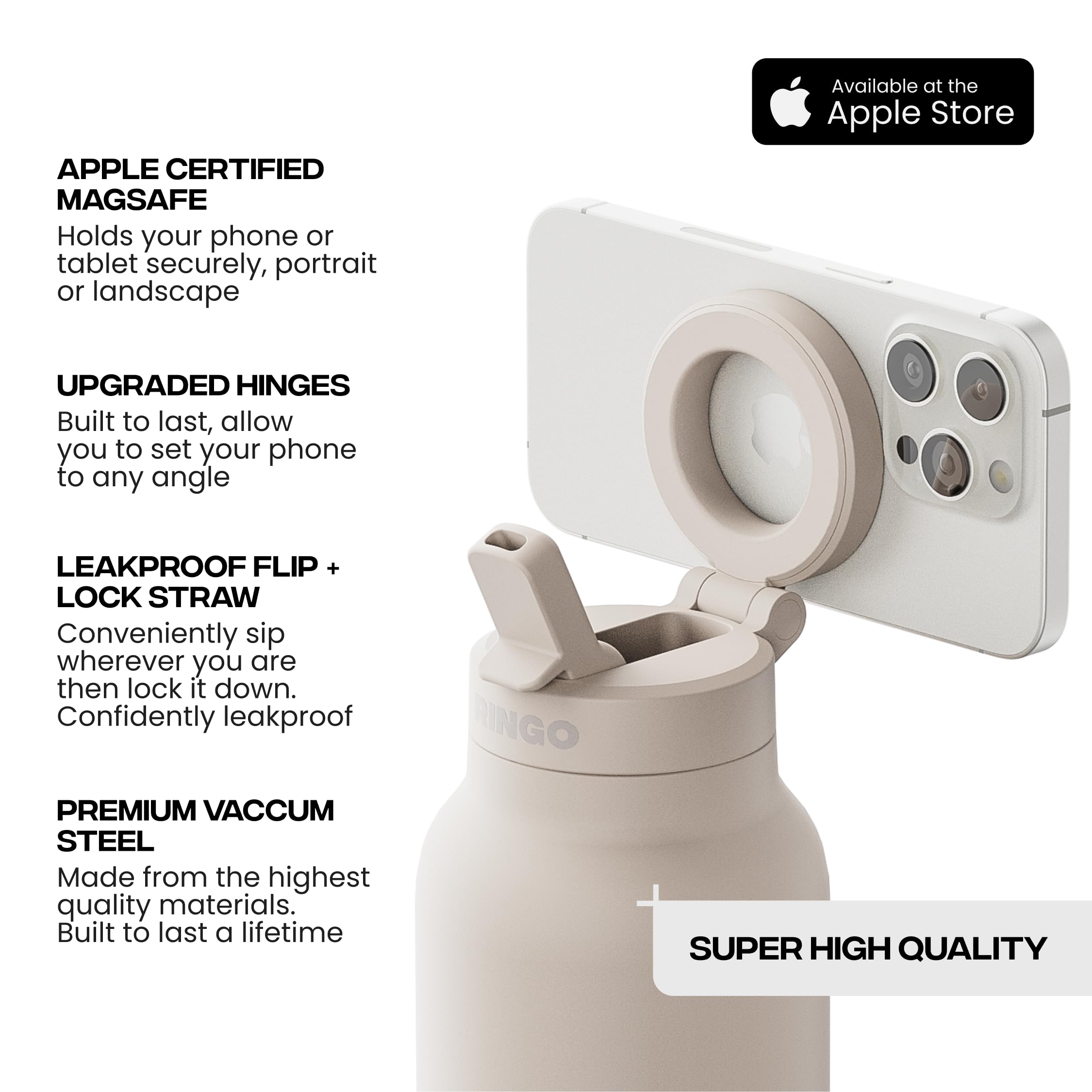 Ringo Pro Trinkflasche aus Edelstahl mit drehbarem Magnethalter für Smartphone, 710 ml, Elfenbein