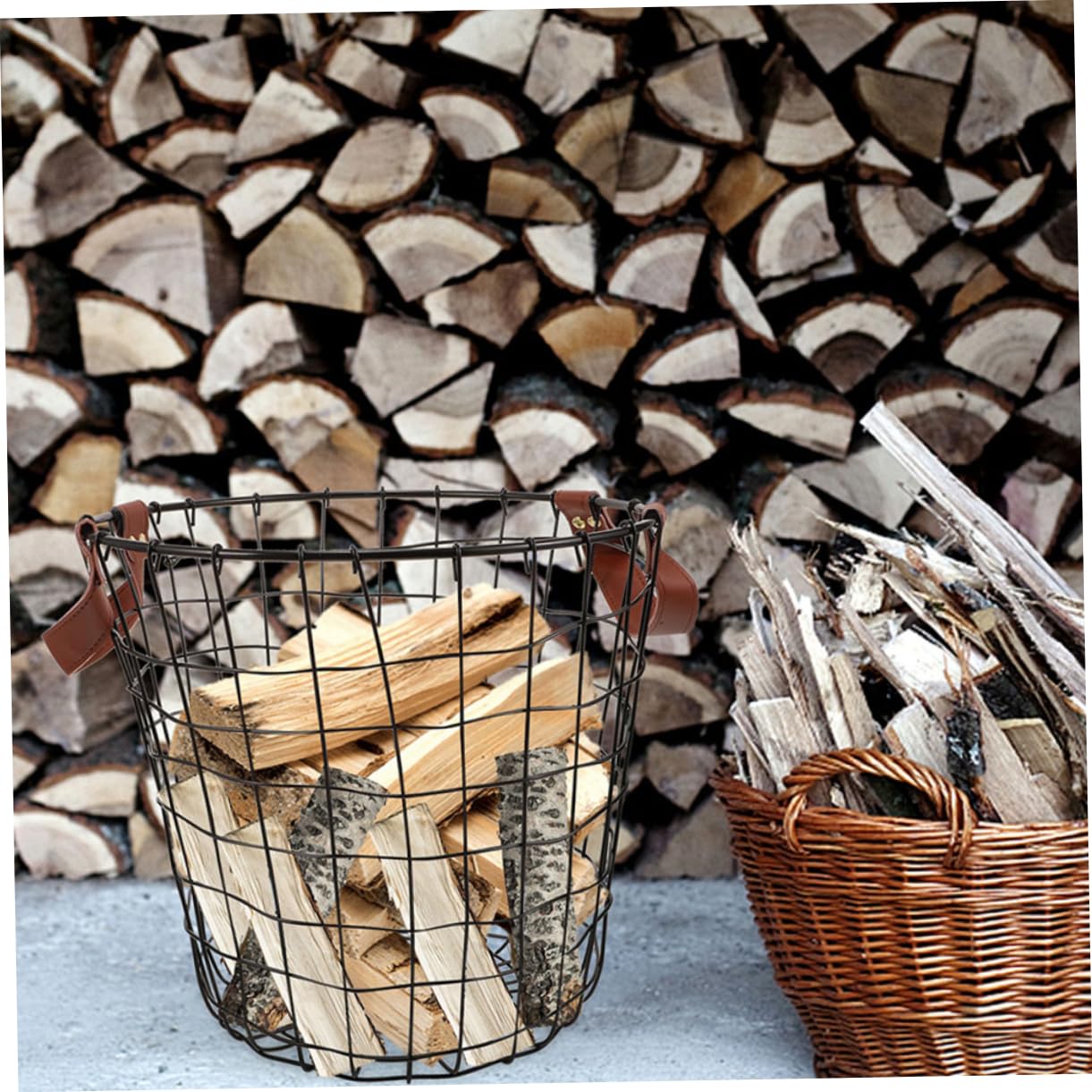Happyyami Brennholzkorb für Brennholz mit Griff aus Eisen Großer Rustikaler Holzkorb Vielseitig Nutzbarer Landhauskorb für Zuhause und Camping