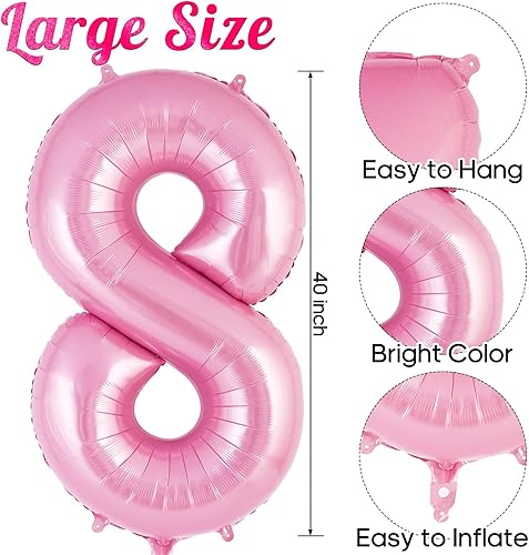 Miniatura 3 de Globo rosa del número 8 de 40 pulgadas, globos grandes de aluminio con helio, globos gigantes gigantes de Mylar número 8 para fiestas de cumpleaños
