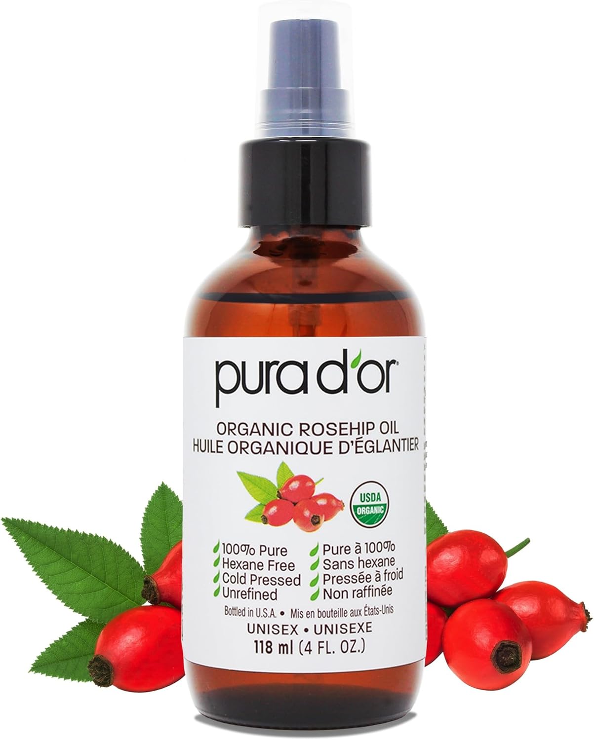PURA D’OR ORGANIC Rosehip Seed Oil 4 Oz (118 ml) – 100% Pure Cold Pressed USDA Certified, Natural Moisturizer for Face, Hair & Skin – Suitable for Women & Men PURA D’OR ORGANIC Rosehip Seed Oil 4 Oz (118 ml) – 100% Pure Cold Pressed USDA Certified, Natural Moisturizer for Face, Hair & Skin – Suitable for Women & Men