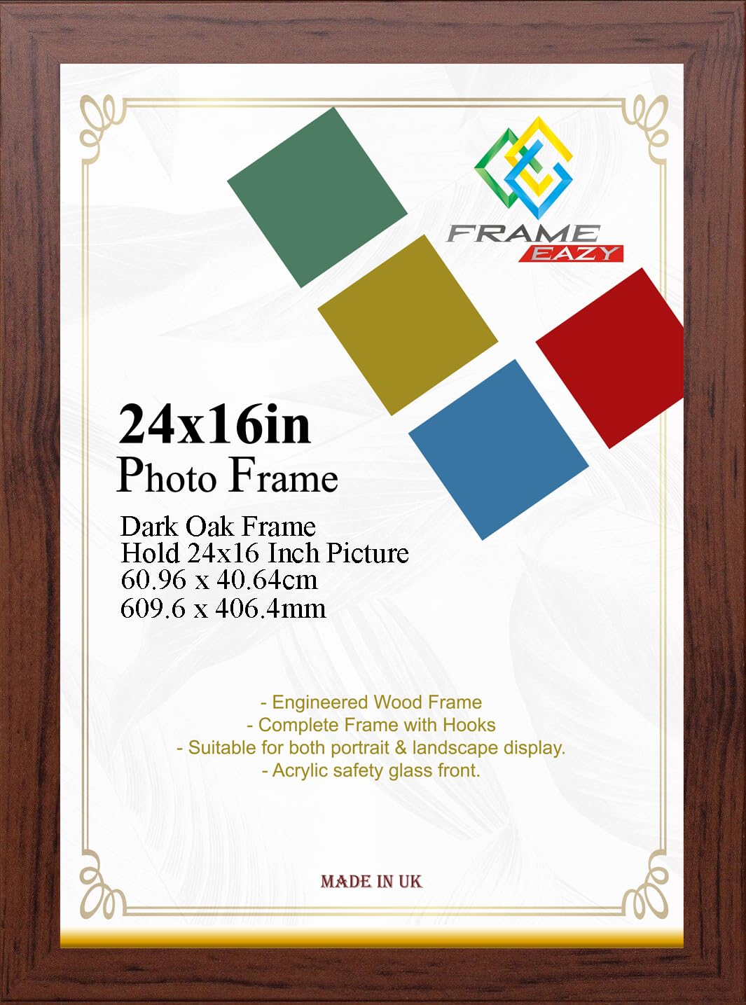 Modern Dark Oak Frame 24 x 16 Inch (60.96 x 40.64cm) Large Picture Poster Frames with Safe Clear Perspex Front & Wall Mounting - Dark Oak 16" x 24" Premium Wall Photo Frames