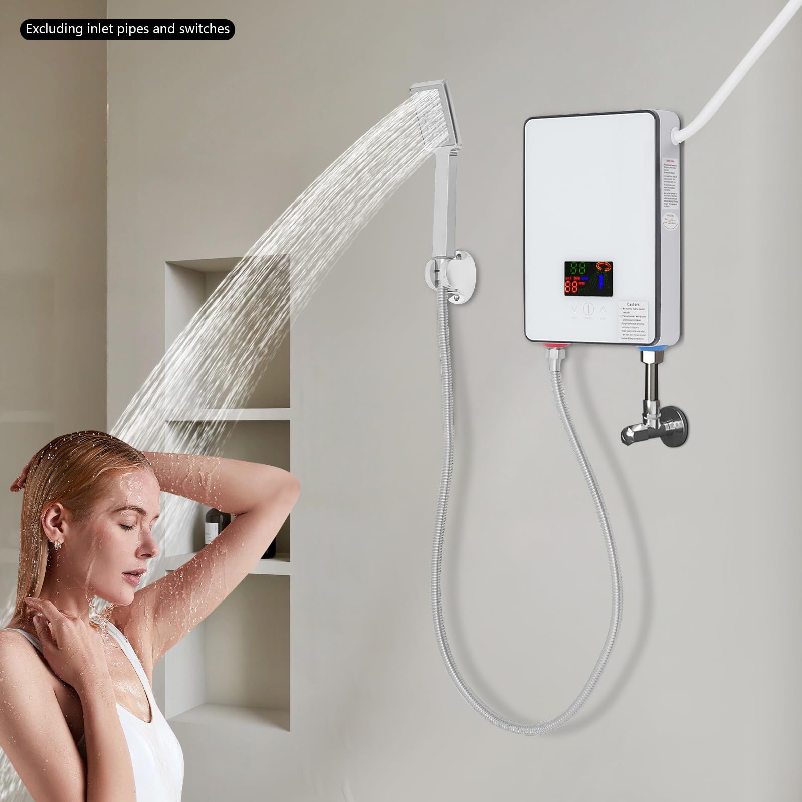 Calentador de agua eléctrico de 6,5 kW con indicador de temperatura LED y juego de ducha, calentador de agua instantáneo, sin presión, pequeño calentador de agua sin presión, control táctil
