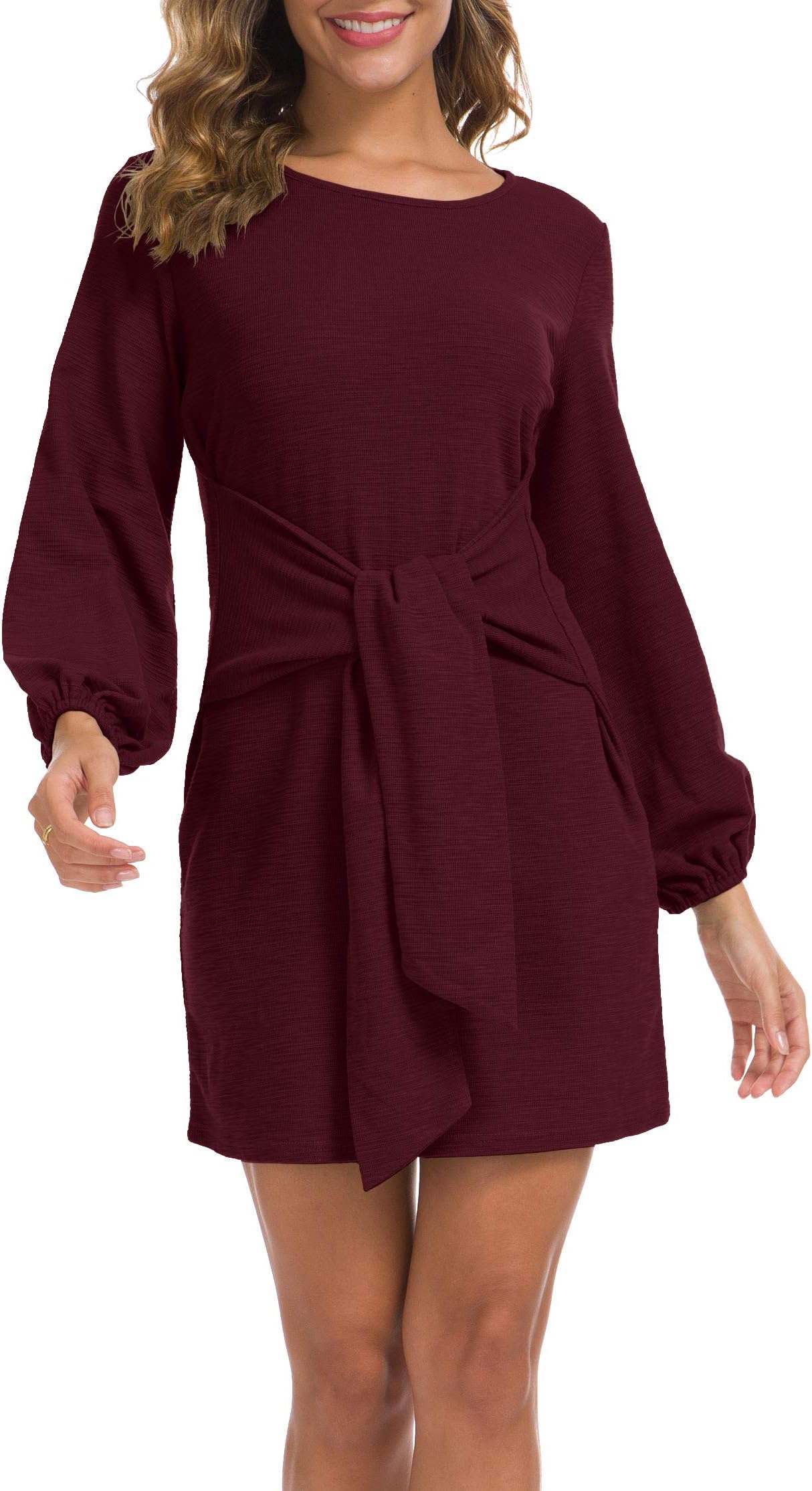 Women's Elegant Long Sleeve Dress Casual Tie Waist Sweater Dresses Wine Red Large
