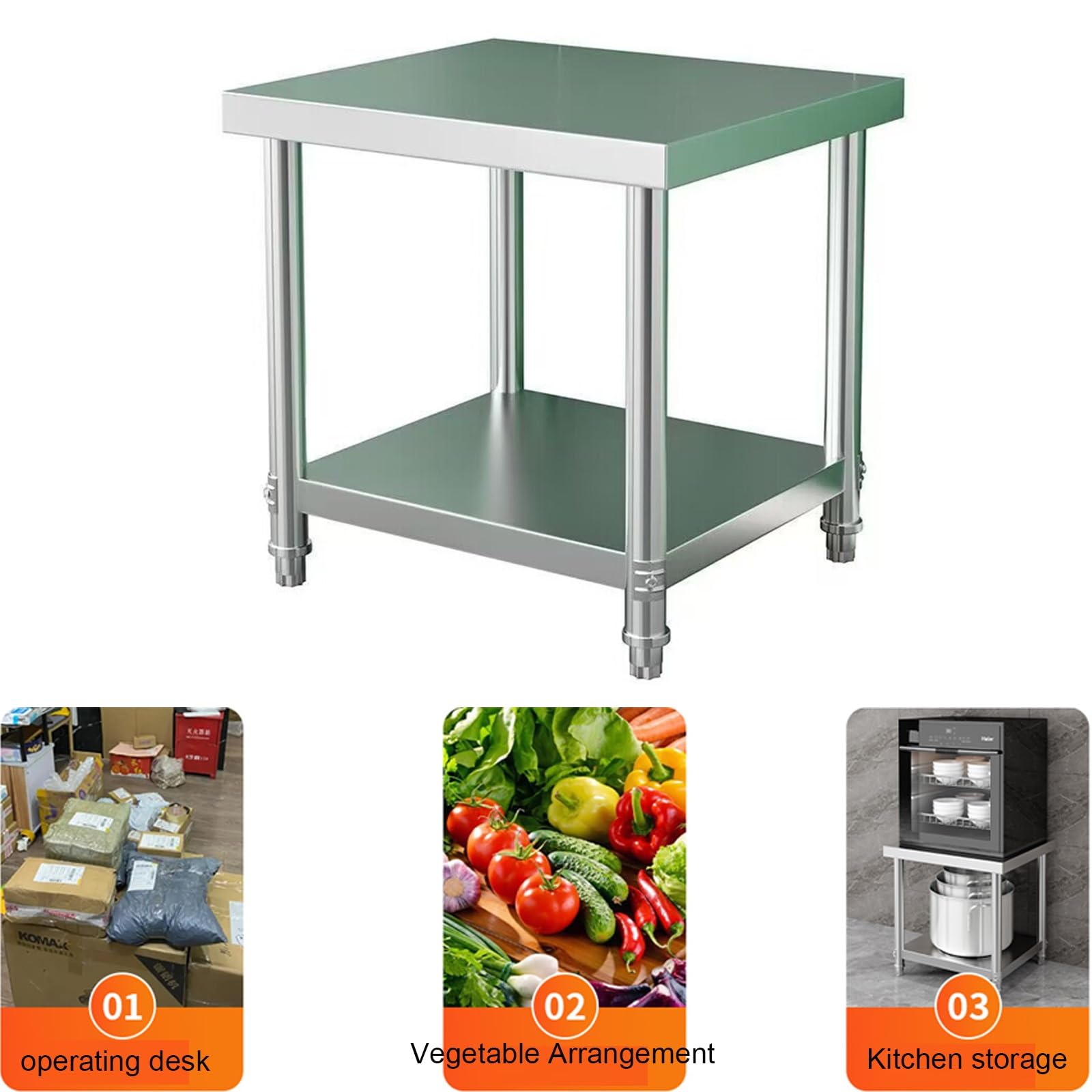 Mesa de preparación de 2 niveles de acero inoxidable resistente | Banco de trabajo comercial impermeable para restaurantes, hogares y hoteles | Mesa de trabajo de 40 x 40 x 60 cm con estante base