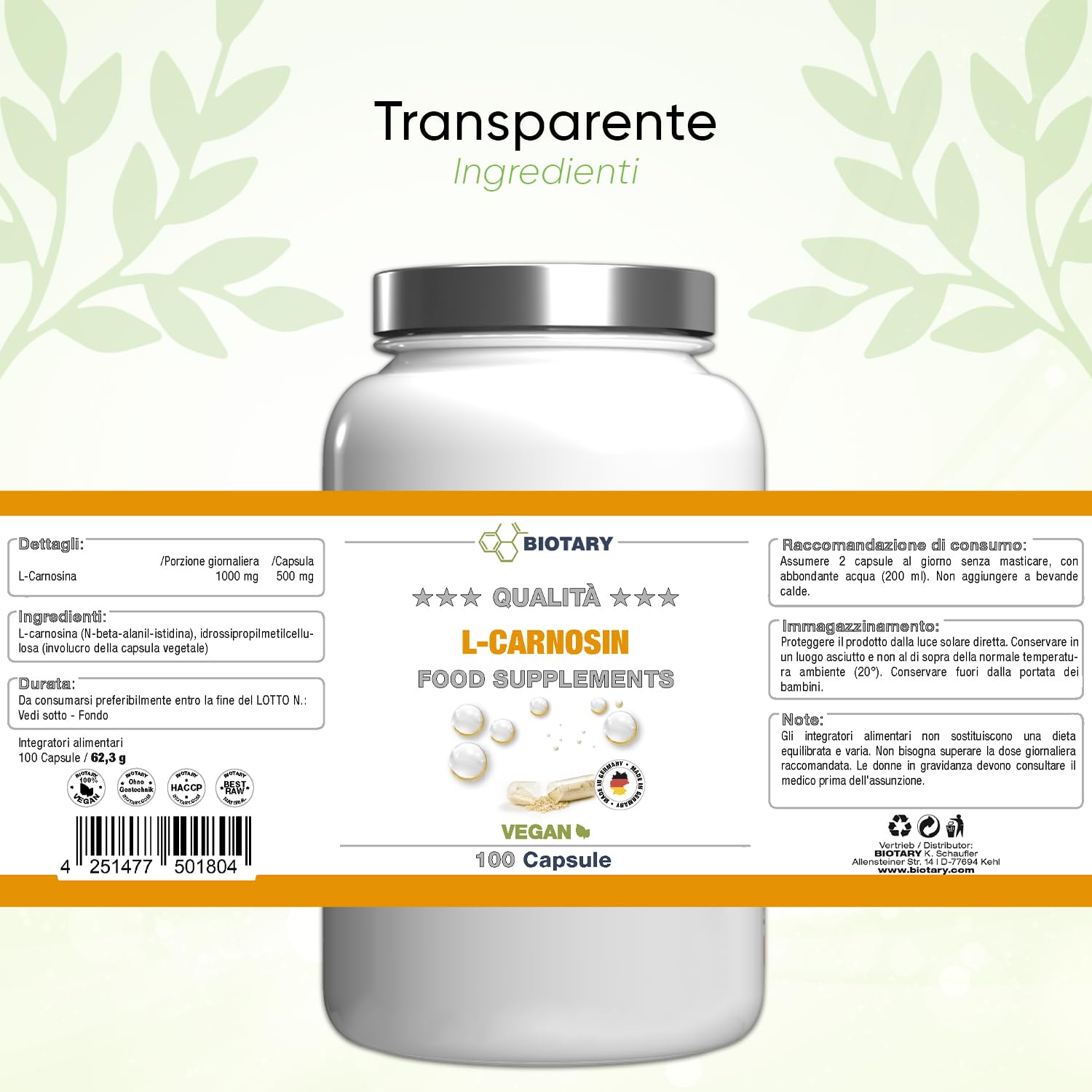 L-Carnosina 100 Capsule | 1000 mg per dose giornaliera | Inclusa scatola porta pillole | 100% Vegano | Alta dose e senza additivi | Alta biodisponibilità | Testato in laboratorio